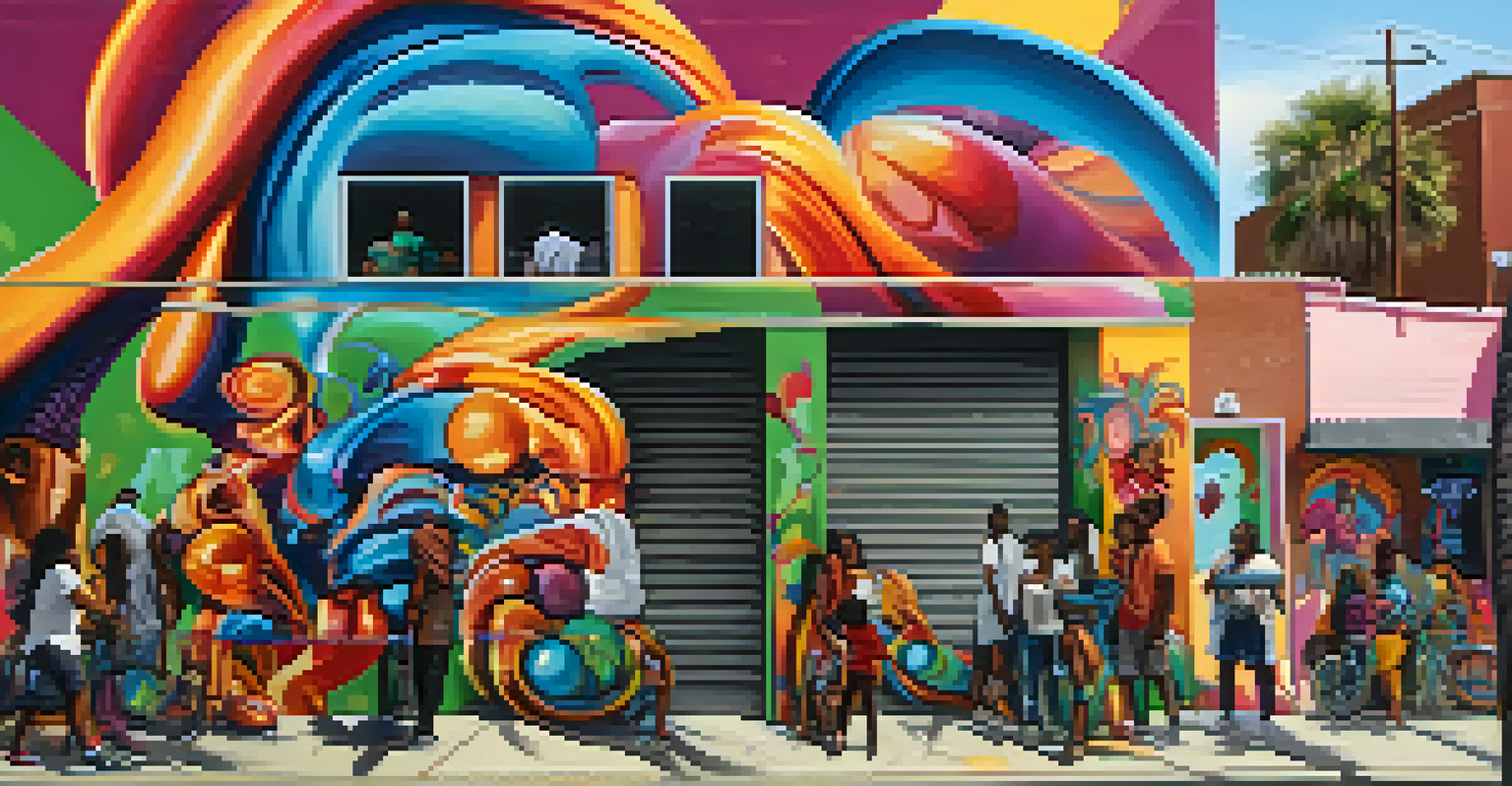 A colorful street scene in Compton's Art District, showcasing vibrant murals and local artists engaged in their creative process.