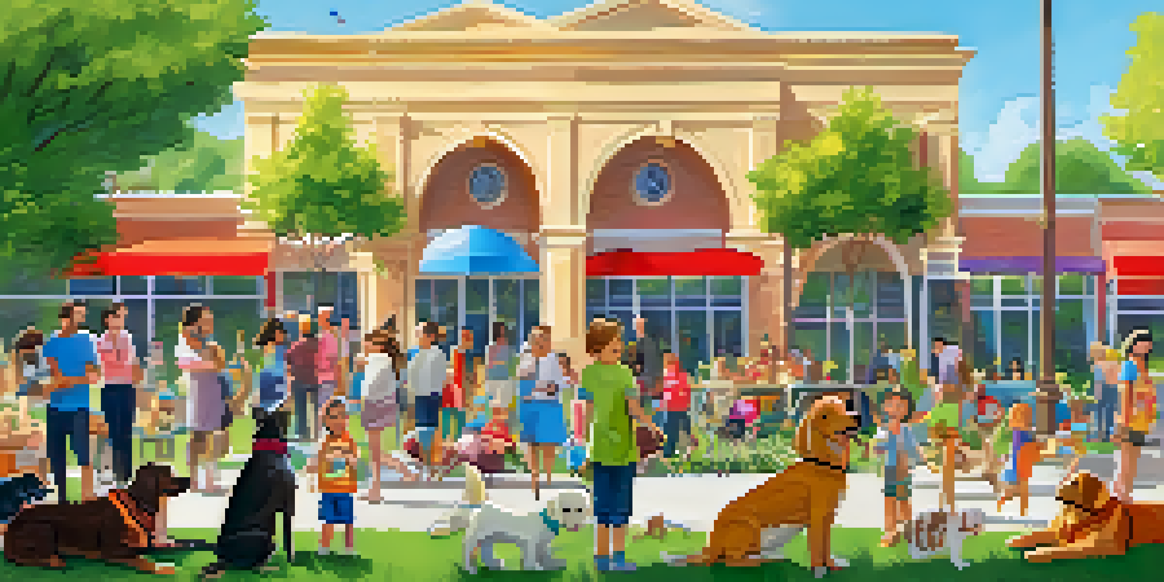 A vibrant community animal adoption event in a sunny park, with families and pets enjoying the day.