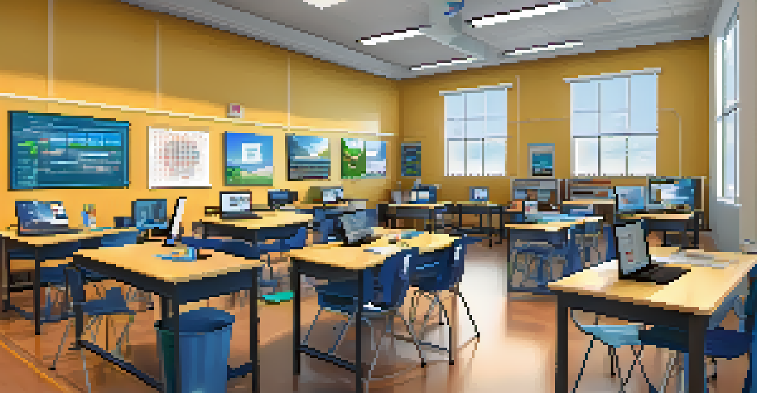 A classroom filled with students participating in a STEM workshop, learning coding skills with mentors, surrounded by computers and educational materials.