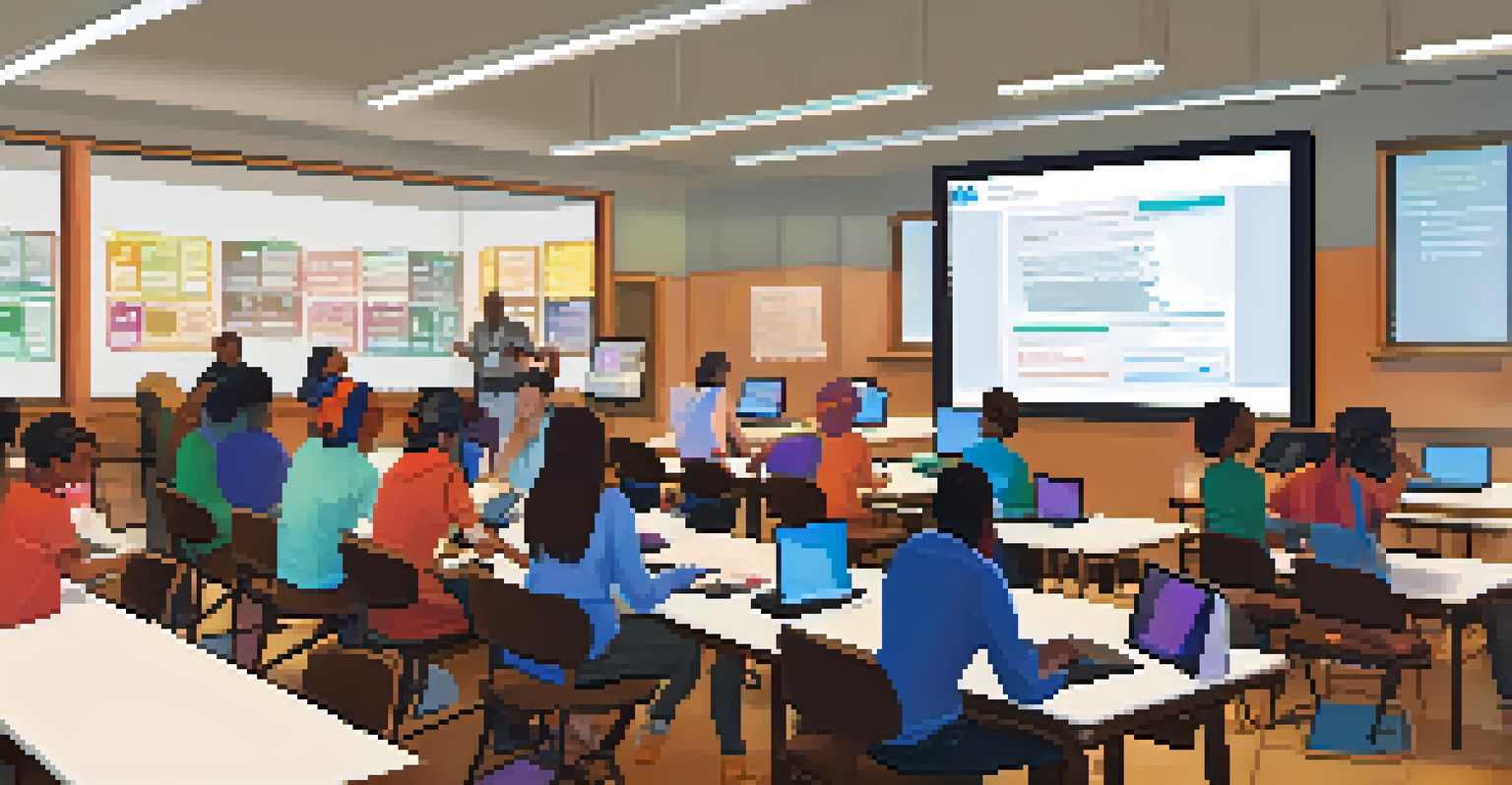 A vibrant workshop in a library with adults learning coding, surrounded by laptops and a whiteboard with code snippets.