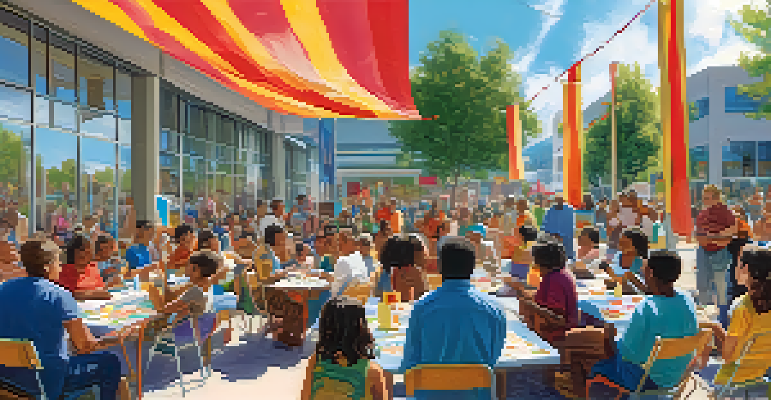 A vibrant outdoor community event at a public library featuring a local author reading to an audience.