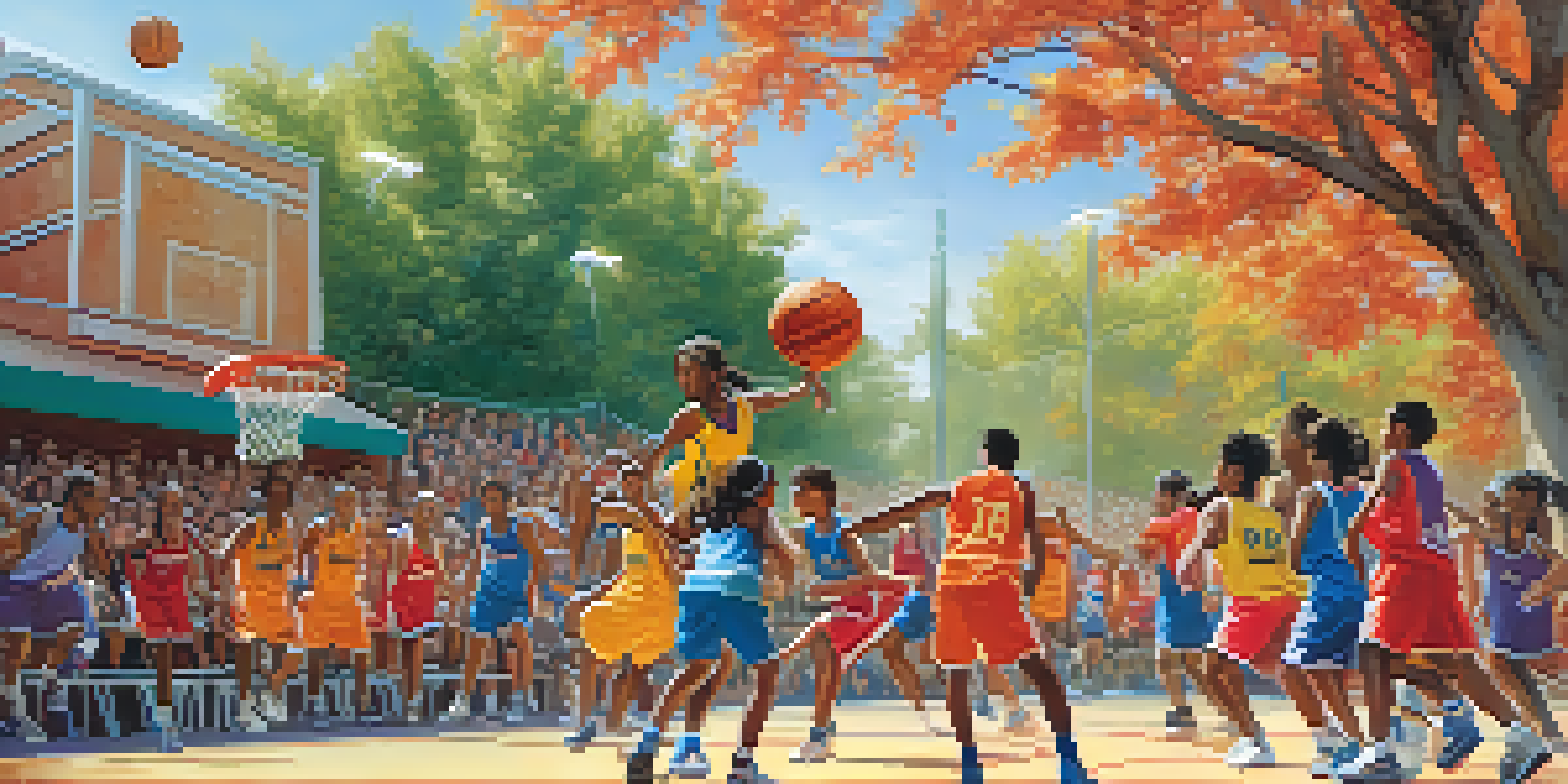 A group of young athletes playing basketball on an outdoor court, with a cheering crowd and colorful banners in the background.