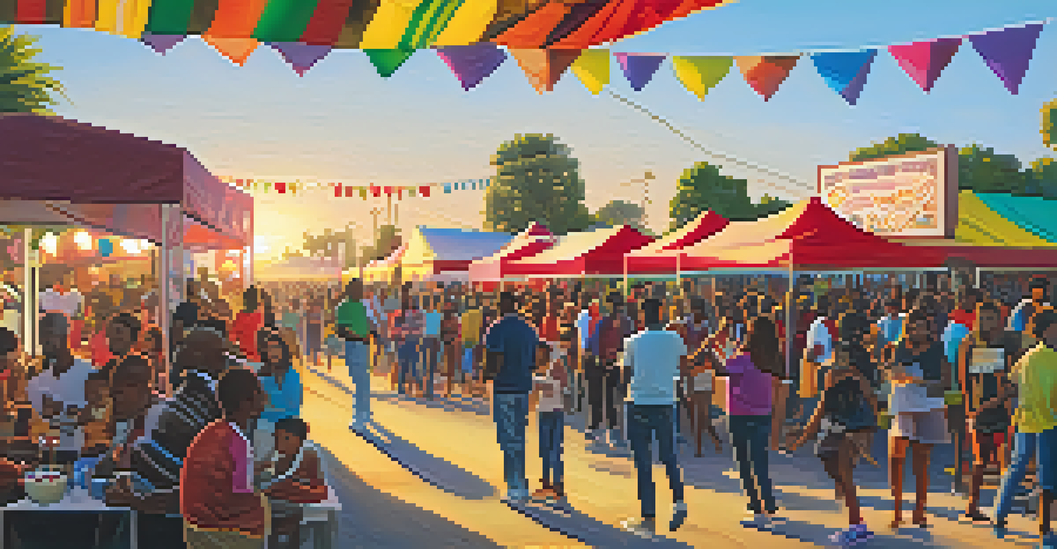 A community festival in Compton with families enjoying live music, art, and food stalls during sunset.