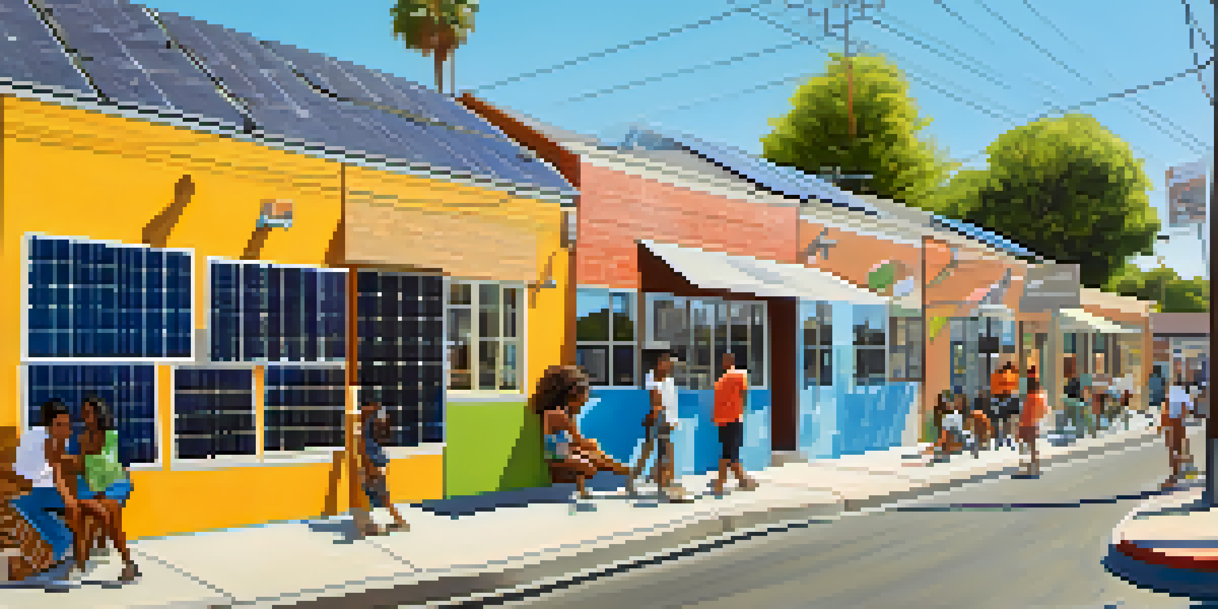 A colorful street scene in Compton with solar panels on buildings and diverse residents engaging in community activities under a clear blue sky.