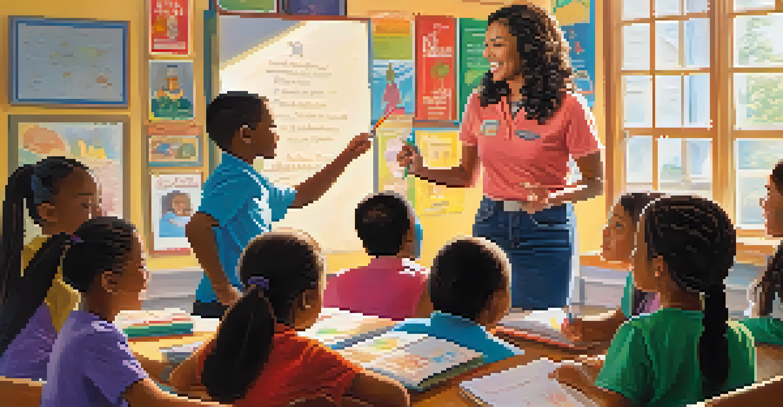 A female educator teaching a diverse group of children in a vibrant classroom filled with sunlight and educational materials.