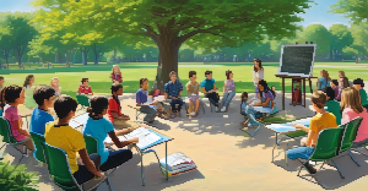 A teacher conducting a lesson outdoors in a park with students sitting on picnic blankets, surrounded by greenery and flowers, creating a peaceful learning atmosphere.