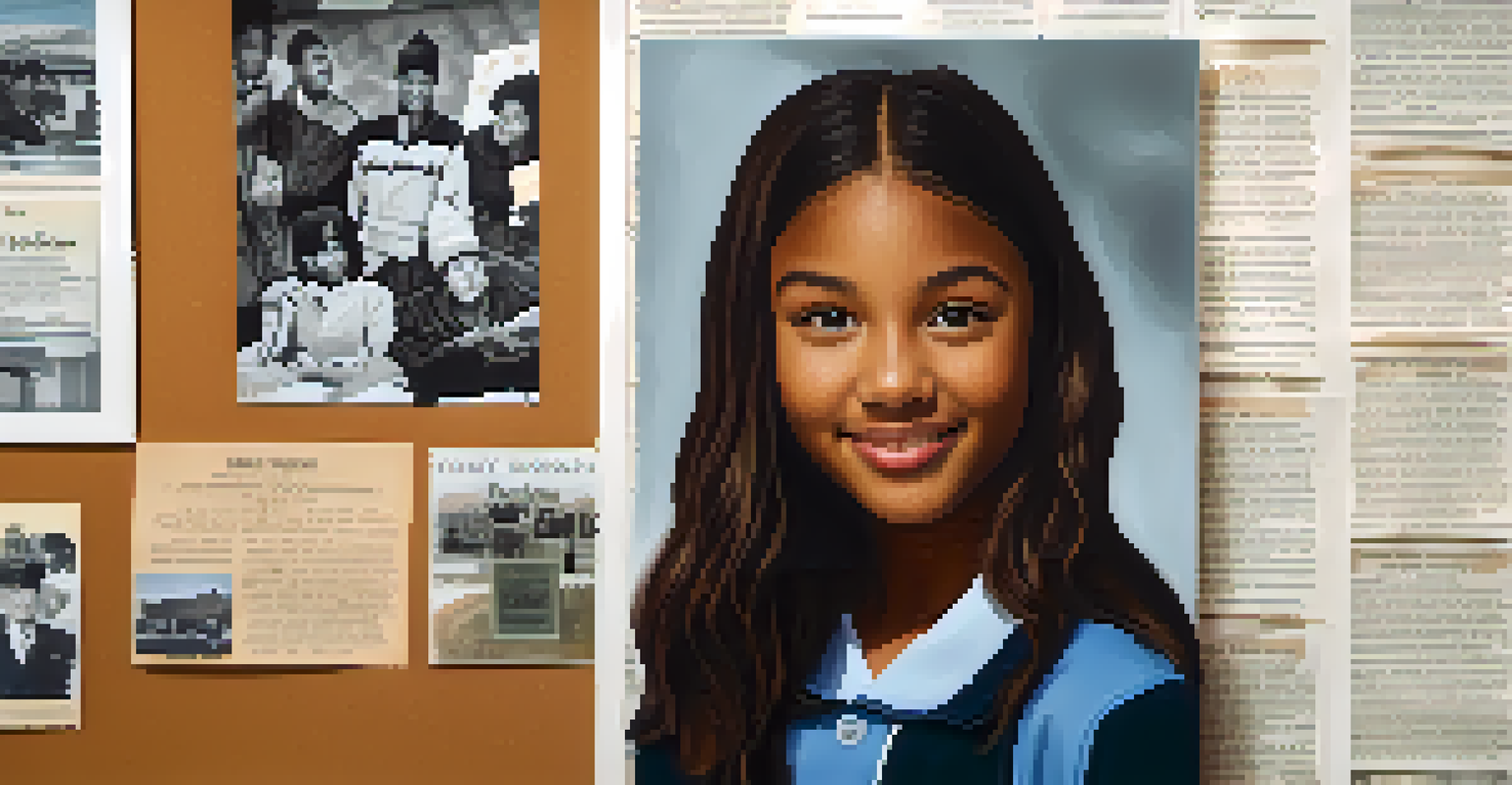 A student examining a vintage photograph related to local history, with a bulletin board of historical documents in the background.