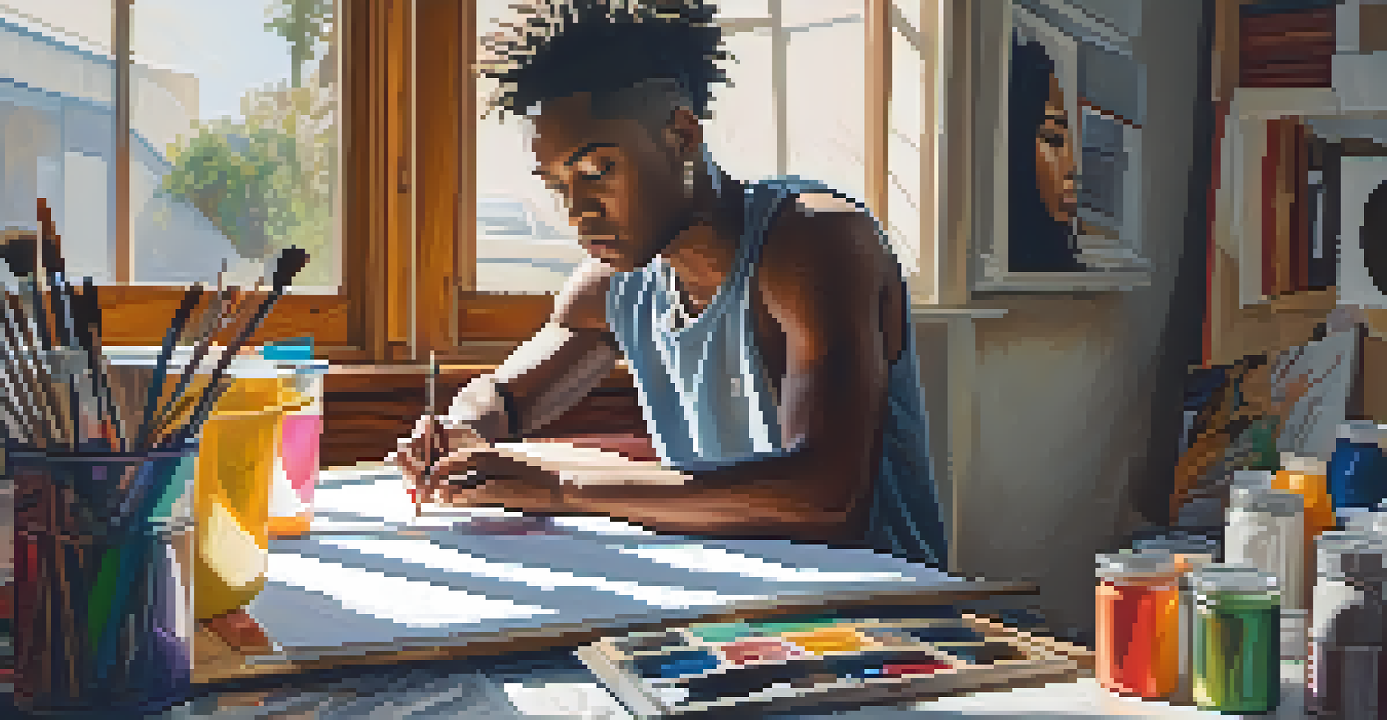 A young artist in a sunlit studio, working on a mixed media art piece surrounded by canvases and supplies.