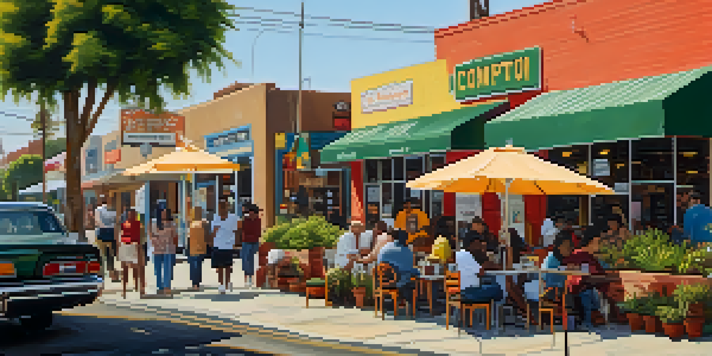 A lively street scene in Compton with a local coffee shop, colorful signage, and people socializing. Bright murals and greenery enhance the urban atmosphere.
