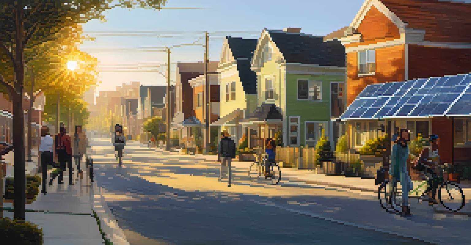 An urban neighborhood with solar panels and wind turbines, bathed in warm golden hour light, with residents walking and biking.