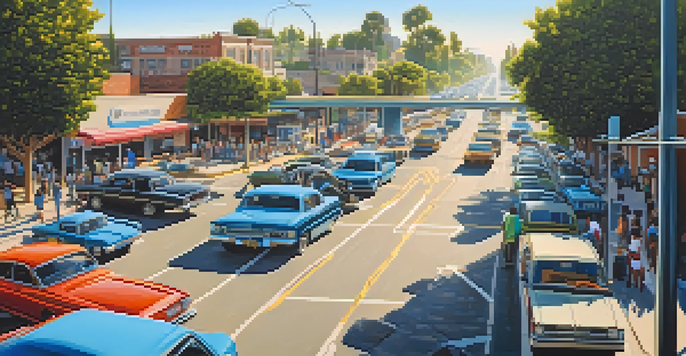 A busy street in Compton with smart traffic signals and people using mobile apps for transportation.