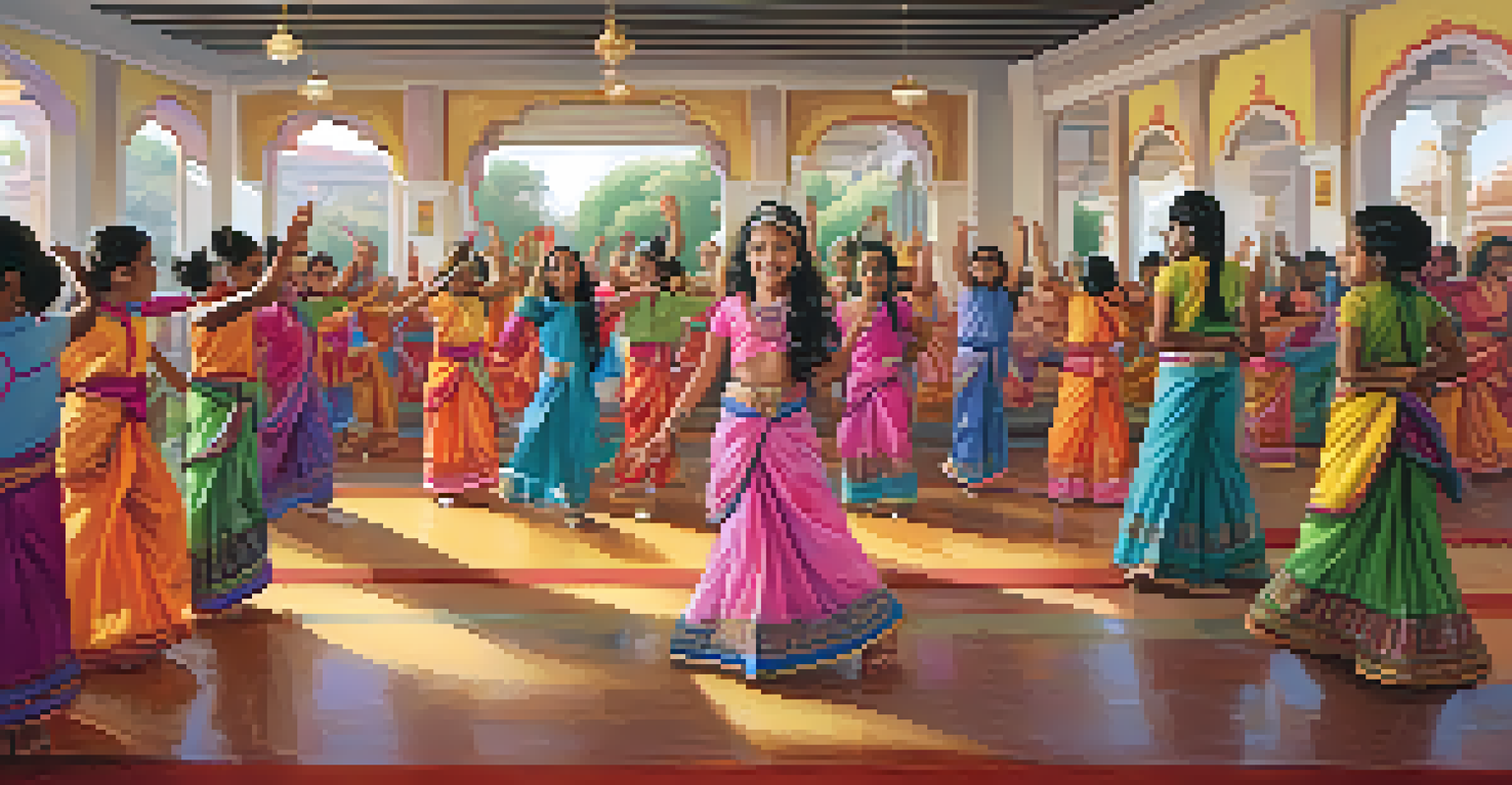 Children in colorful attire participating in a traditional dance class at a Hindu temple, surrounded by vibrant decorations.