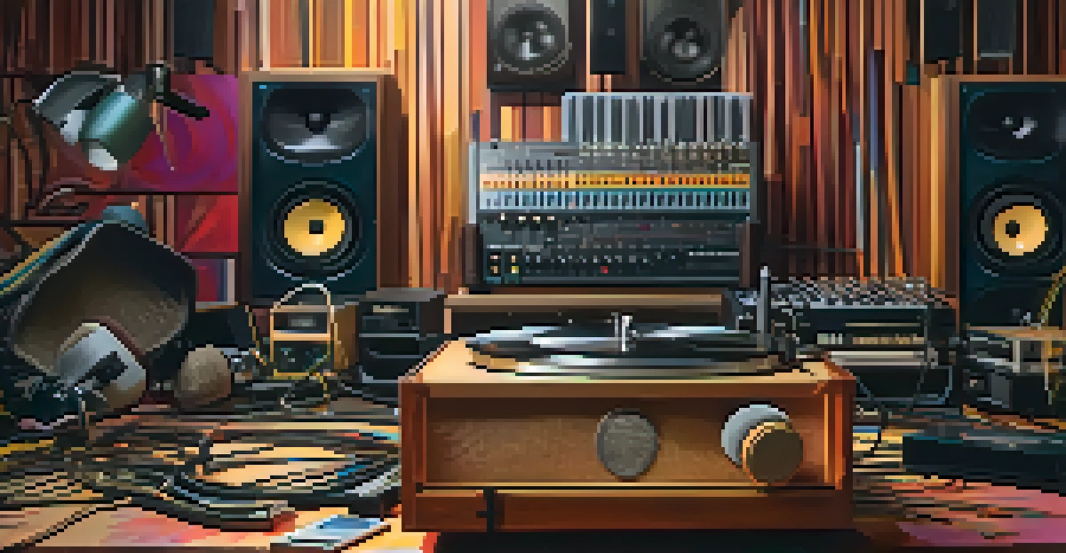 A close-up of a vintage microphone and music equipment, representing hip-hop music production.