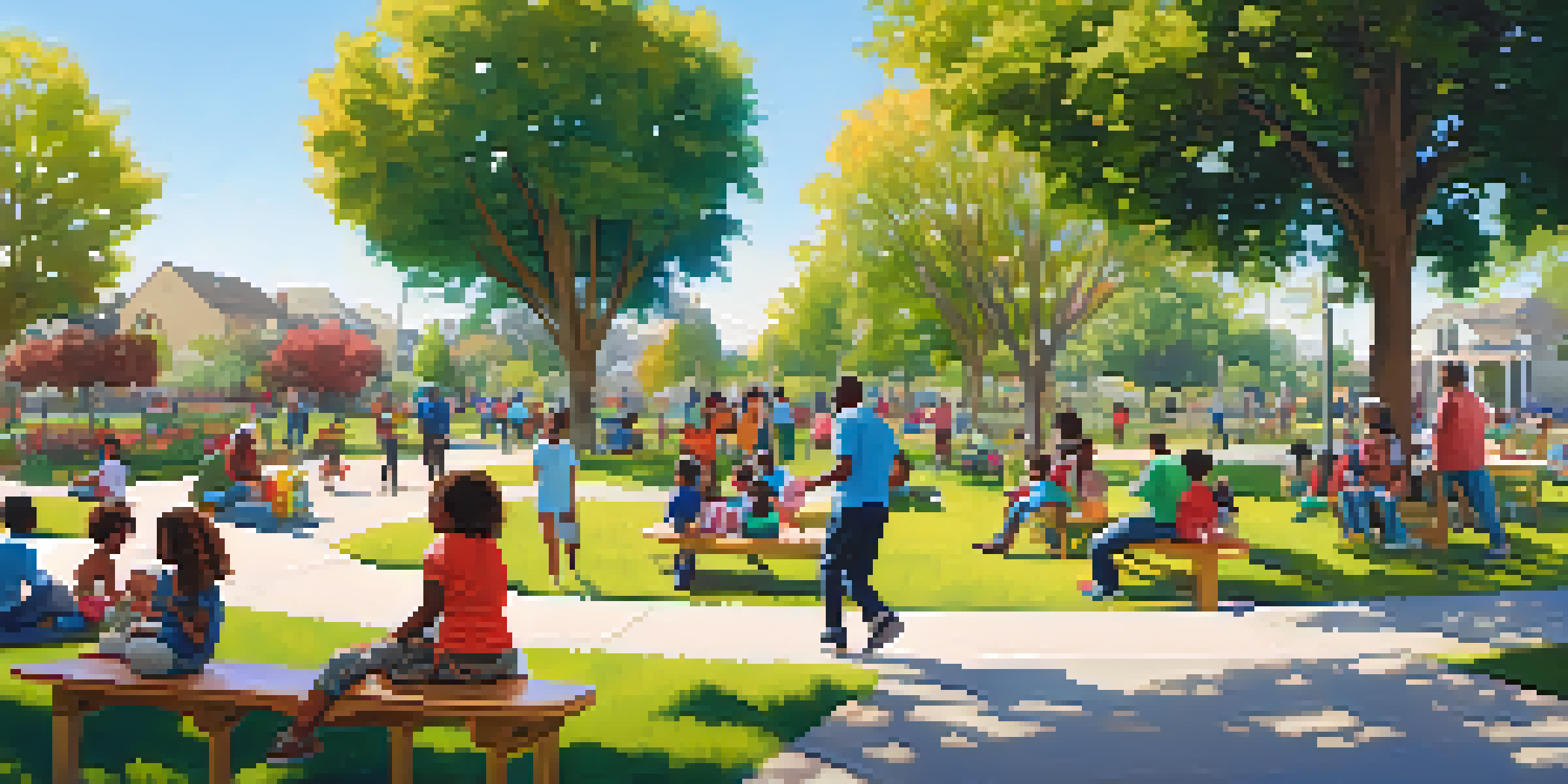A lively community park in Compton with families enjoying the outdoors, children playing, and adults picnicking under trees.
