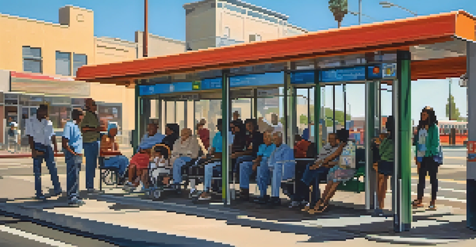 A busy urban bus stop in Compton with diverse individuals, including a woman in a wheelchair and a mother with a stroller. The bus stop has accessible features like ramps and shelters.