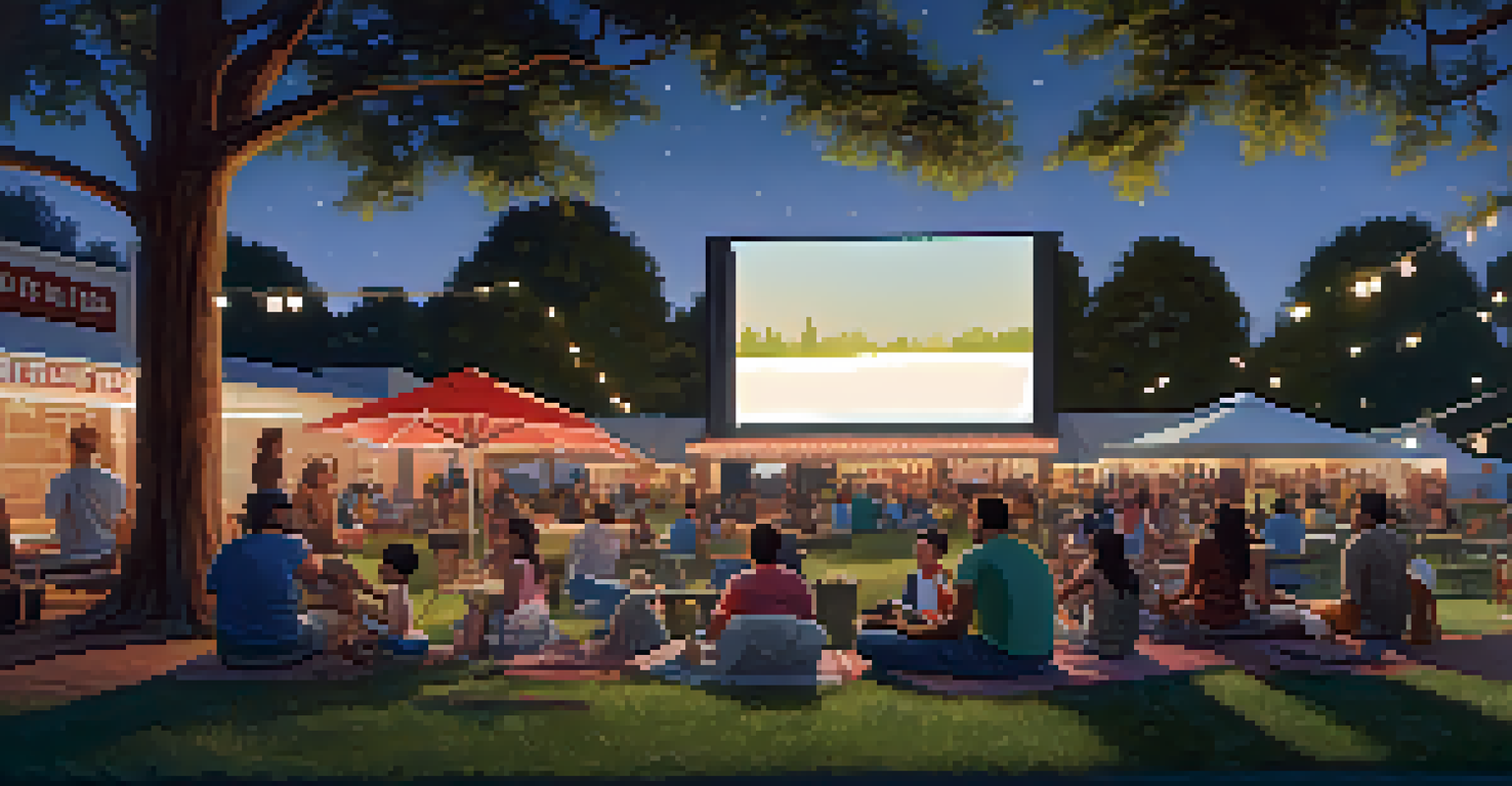 An outdoor movie night at Gamble Park in Compton, with families watching a film under string lights and surrounded by trees.