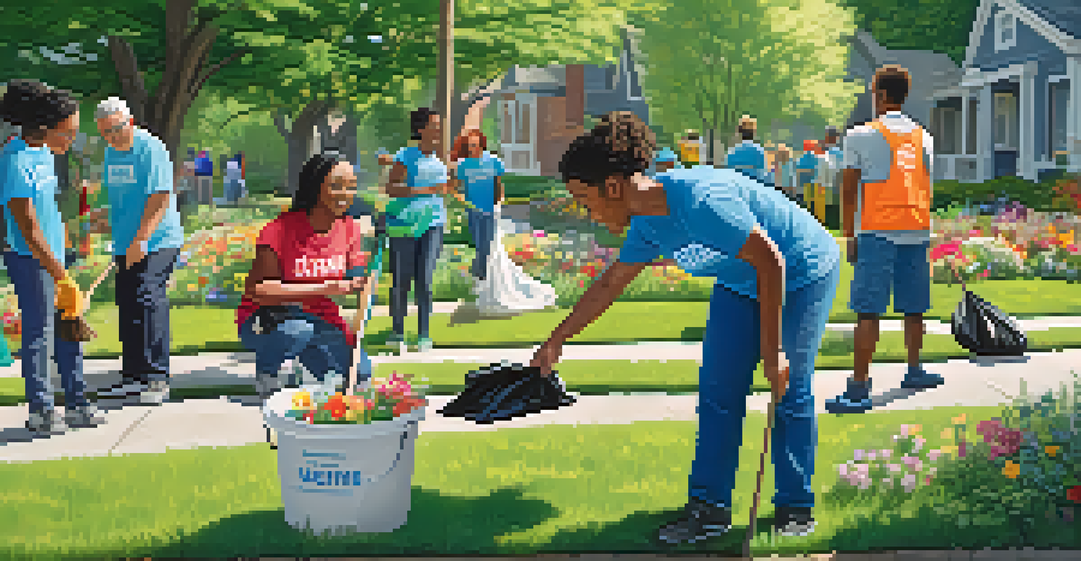 Volunteers of different ages and backgrounds participating in a neighborhood clean-up in a park, surrounded by greenery and flowers.