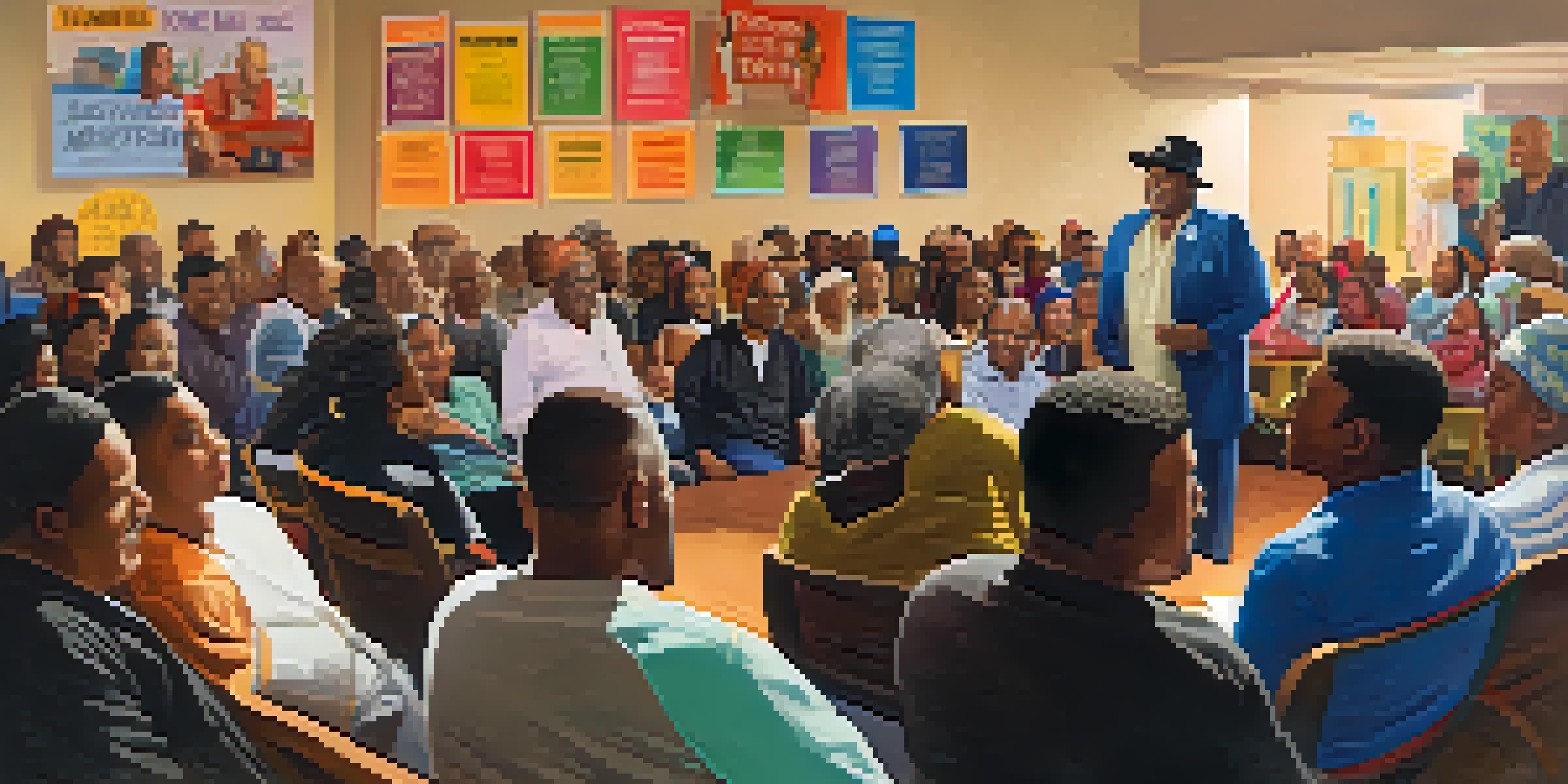A diverse group of residents participating in a town hall meeting, surrounded by colorful posters and a welcoming atmosphere.