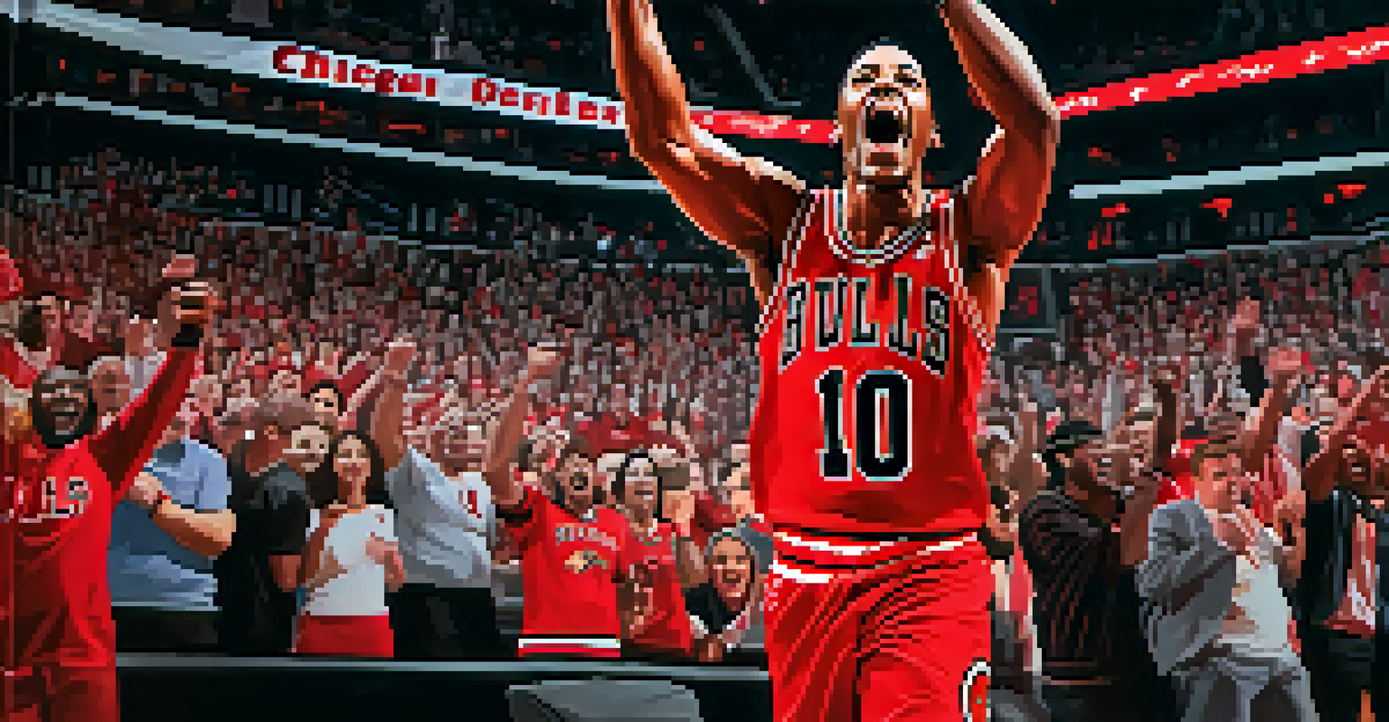 DeMar DeRozan in a Chicago Bulls jersey celebrating after scoring a basket in the United Center, surrounded by cheering fans and bright lights.