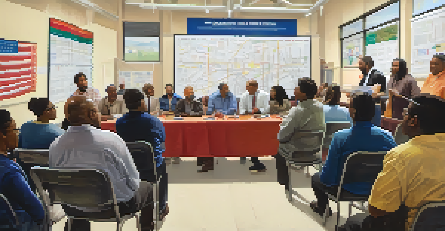 A diverse group of residents in a community hall discussing electric bus initiatives, with charts and posters in the background.