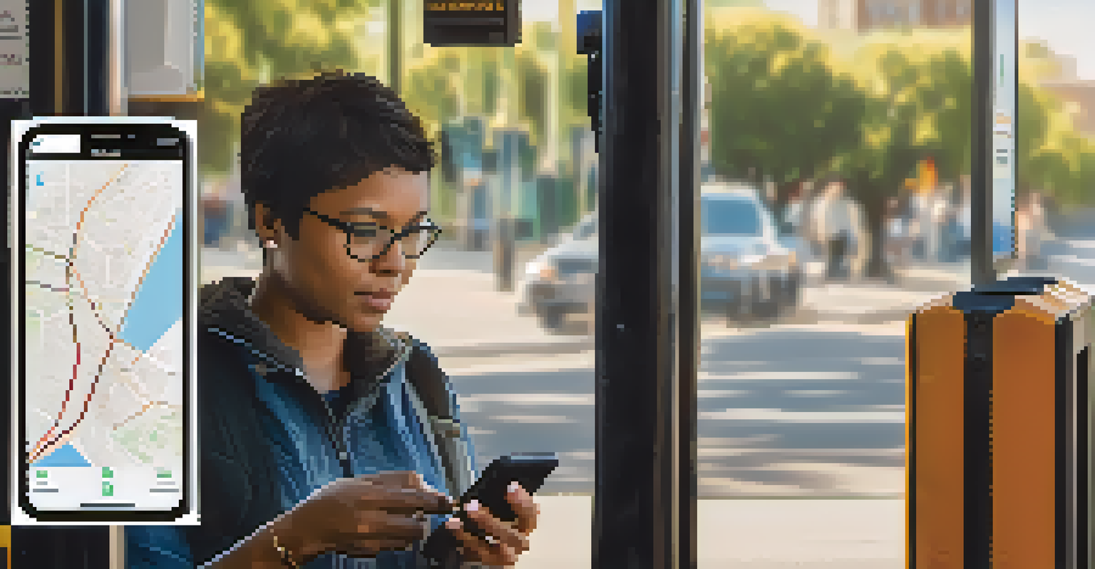 A close-up of a commuter checking a bus tracking app on their phone at a Compton bus stop.