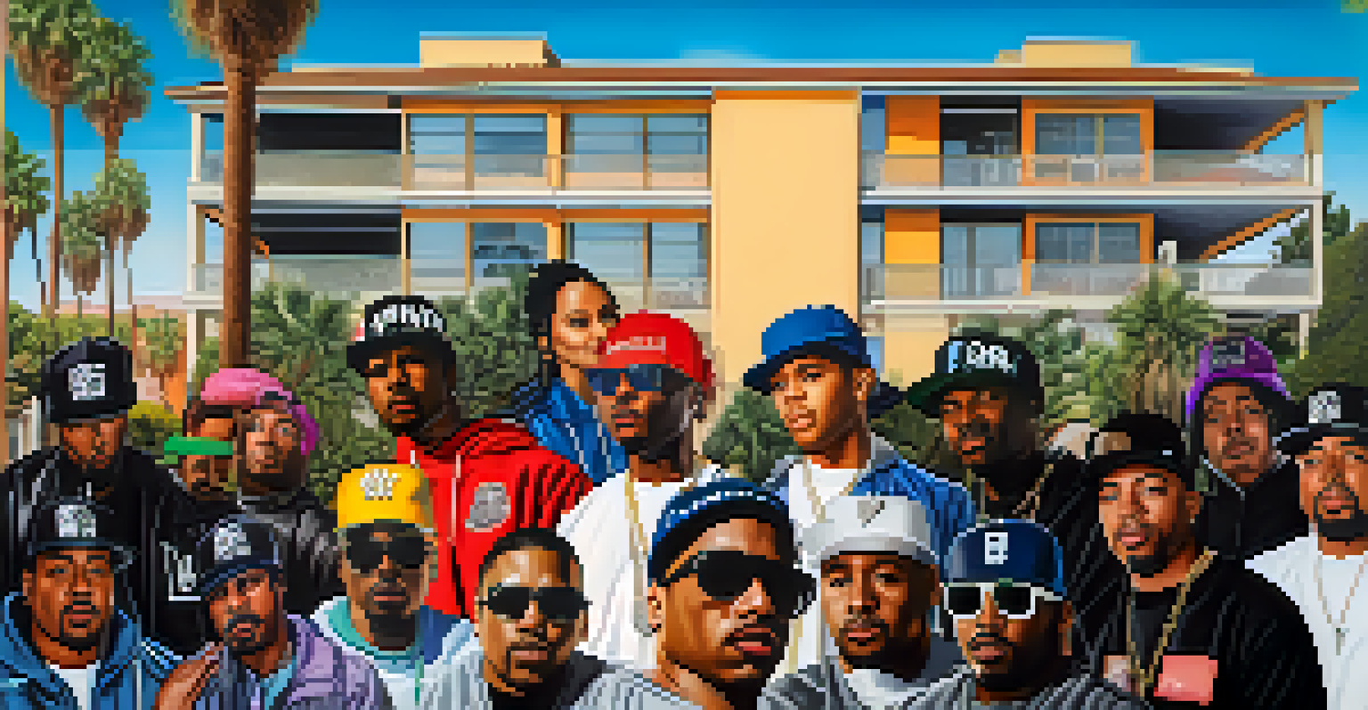 A collage of Compton hip-hop artists, combining historical and modern figures against an urban backdrop.