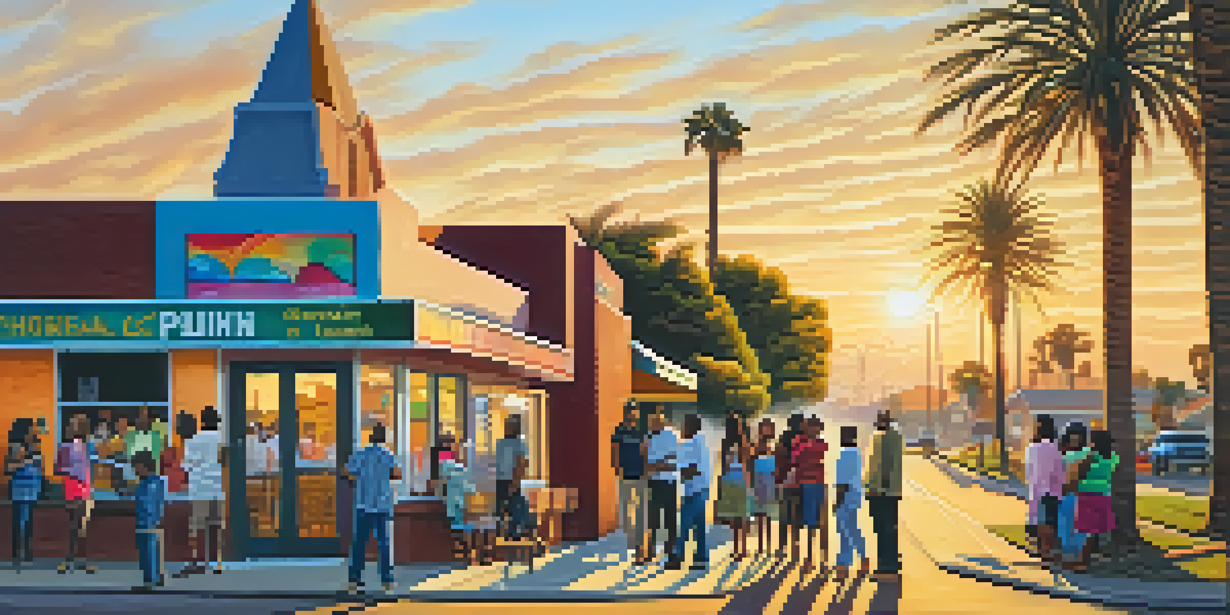 A diverse group of people talking outside a colorful church in Compton, with palm trees and a sunset in the background.