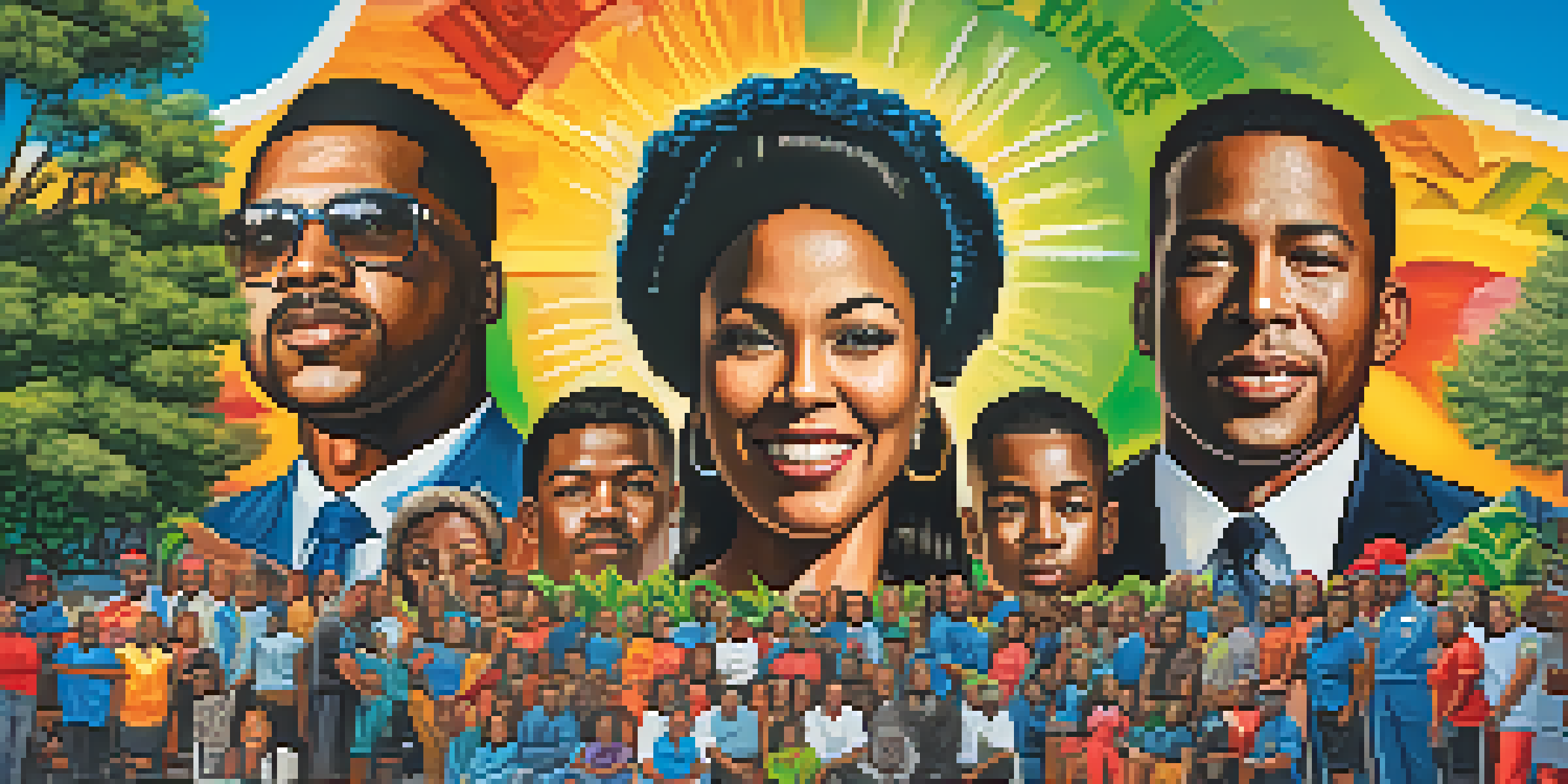 A colorful mural in Compton representing resilience and community unity during the civil rights movement, with bright colors and imagery of leaders.