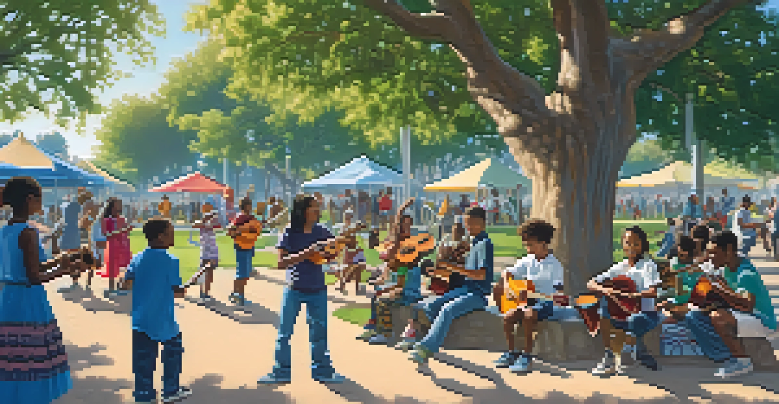A community music gathering in Compton, with children learning to dance and adults playing instruments in a park.