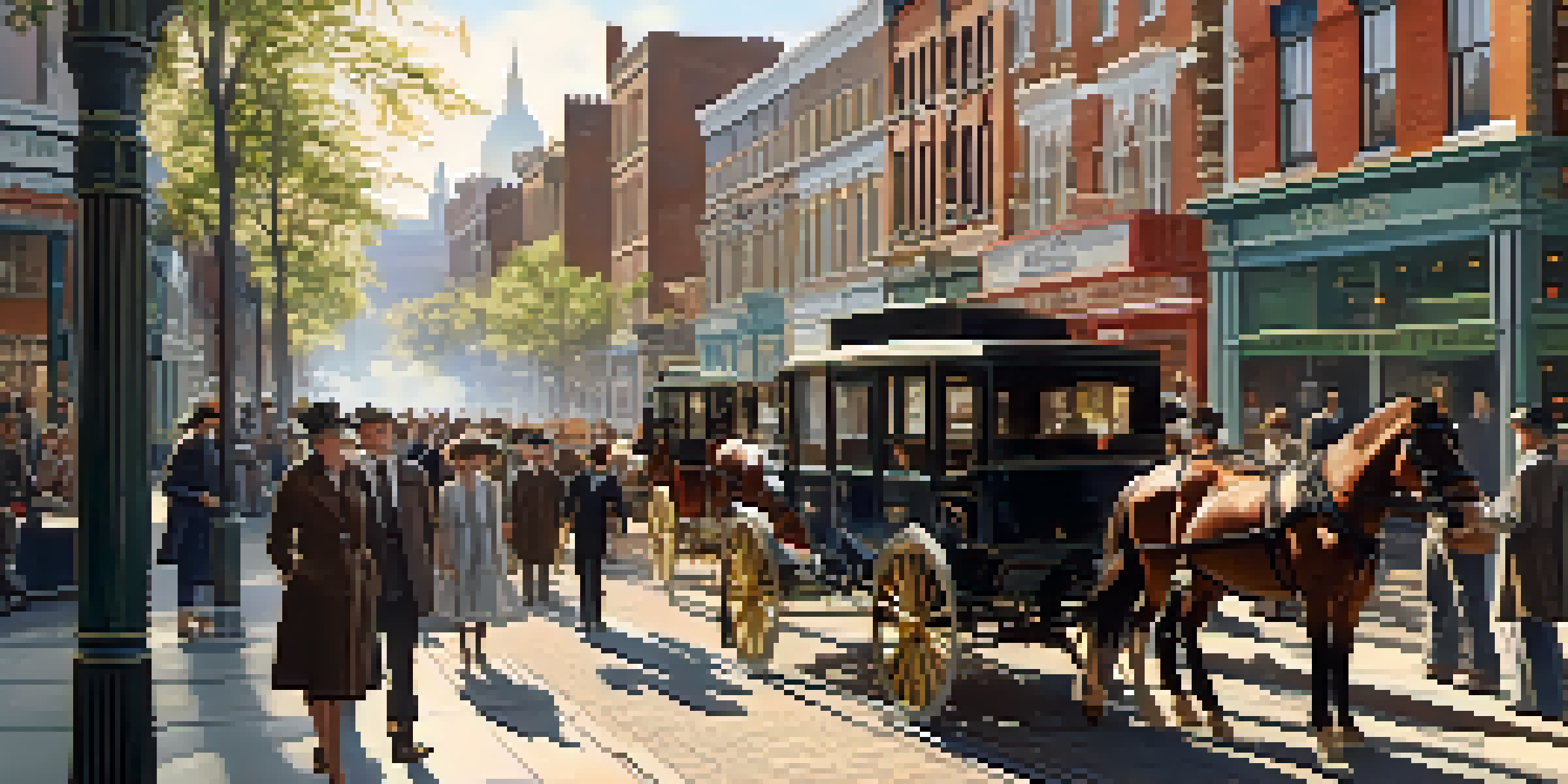A historical depiction of Compton featuring horse-drawn carriages and electric streetcars on a busy street with people in vintage clothing.