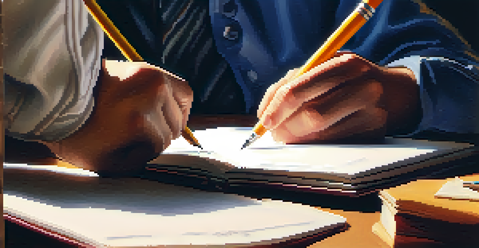 Close-up of an adult learner writing in a notebook, with a supportive volunteer in the background.