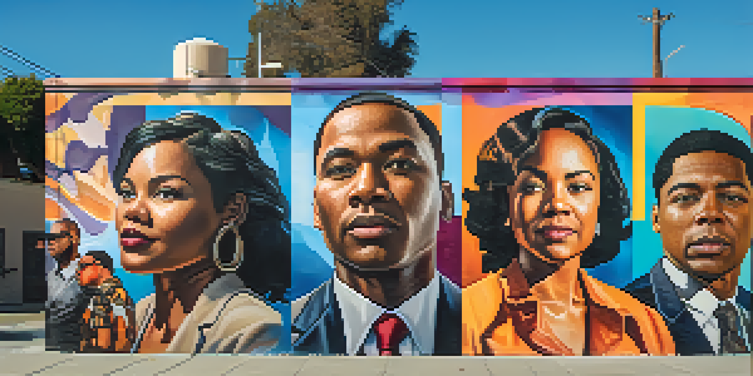 A colorful street mural depicting civil rights activists in Compton, with vibrant colors and graffiti-style text.