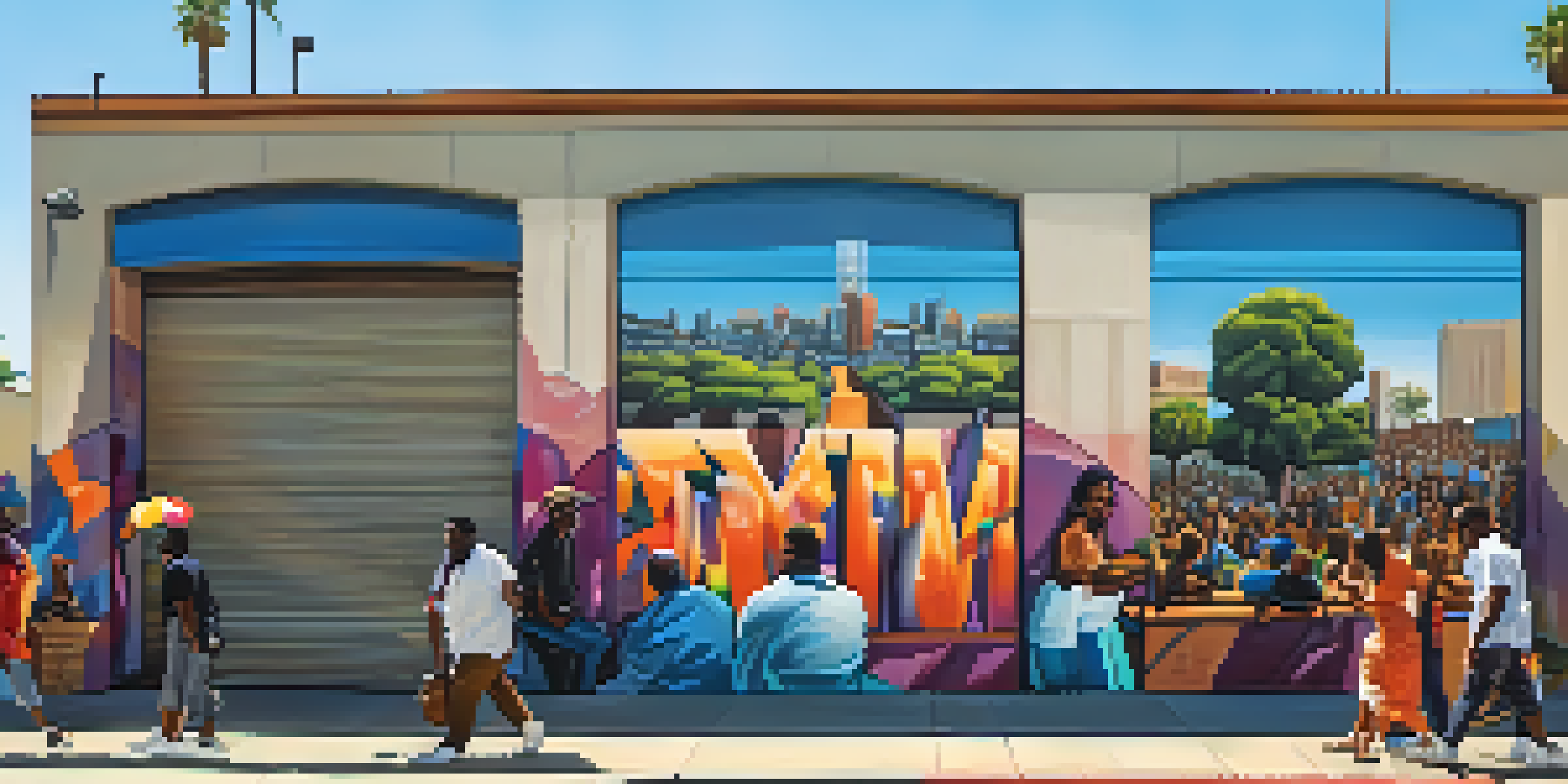 A lively street scene in Compton with artists painting a large mural, surrounded by vibrant graffiti and people watching in the warm sunlight.