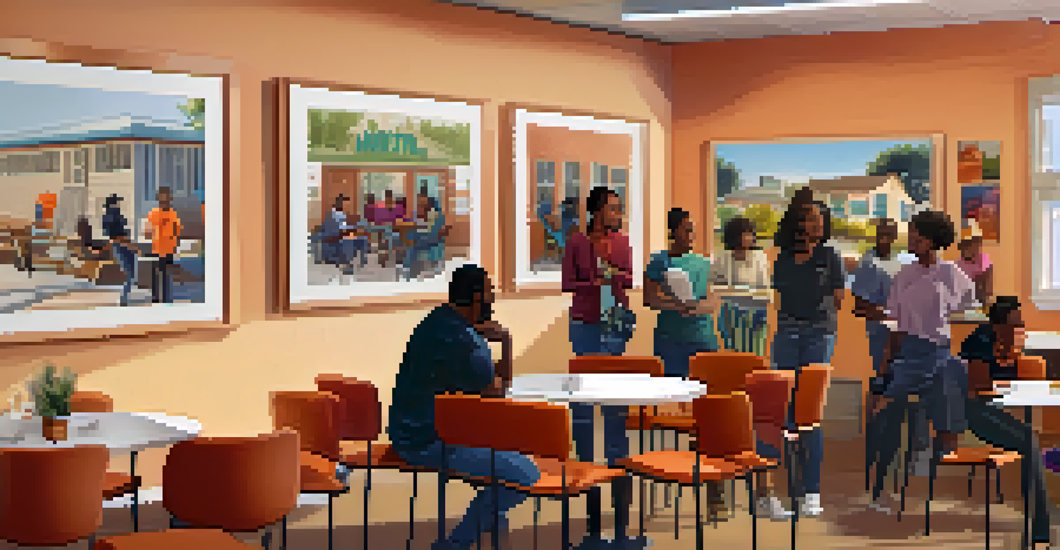 A community center filled with attendees participating in a mental health workshop, with colorful posters displayed and a warm, inviting interior.