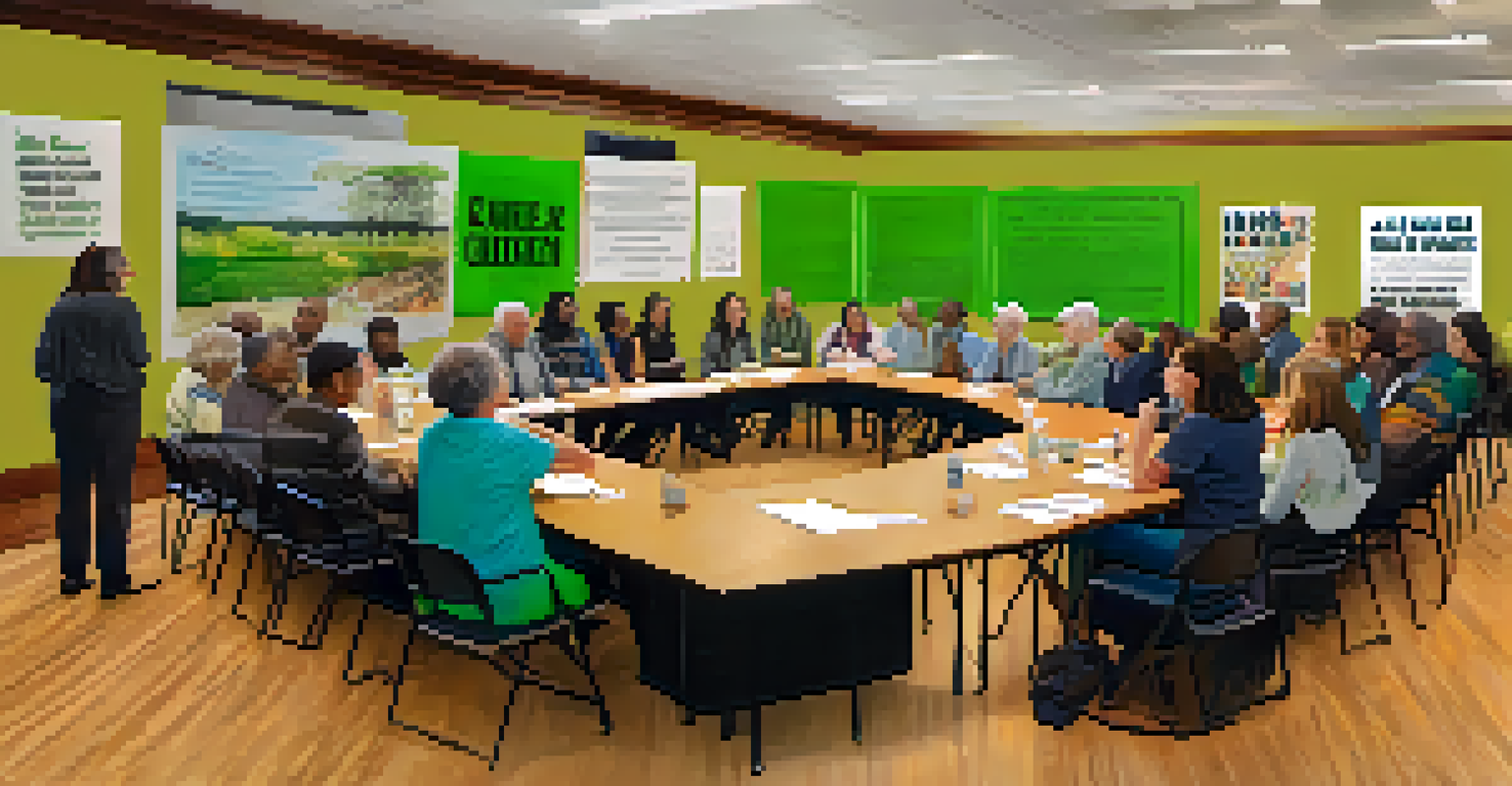 Local activists in a town hall meeting discussing environmental justice, with posters in the background and a diverse group of engaged attendees.