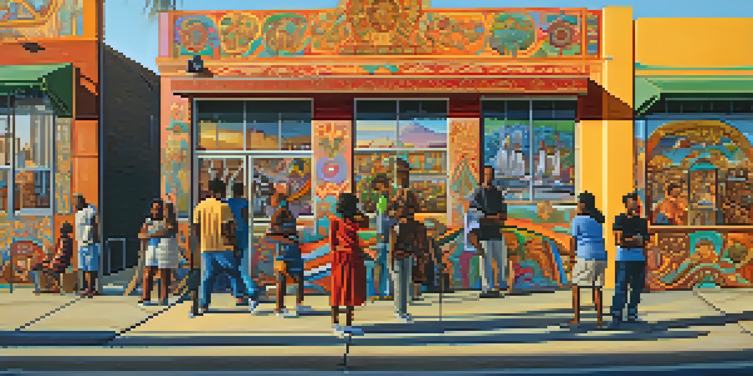 A colorful mural in Compton depicting local culture with artists painting in the foreground under a golden sunset.