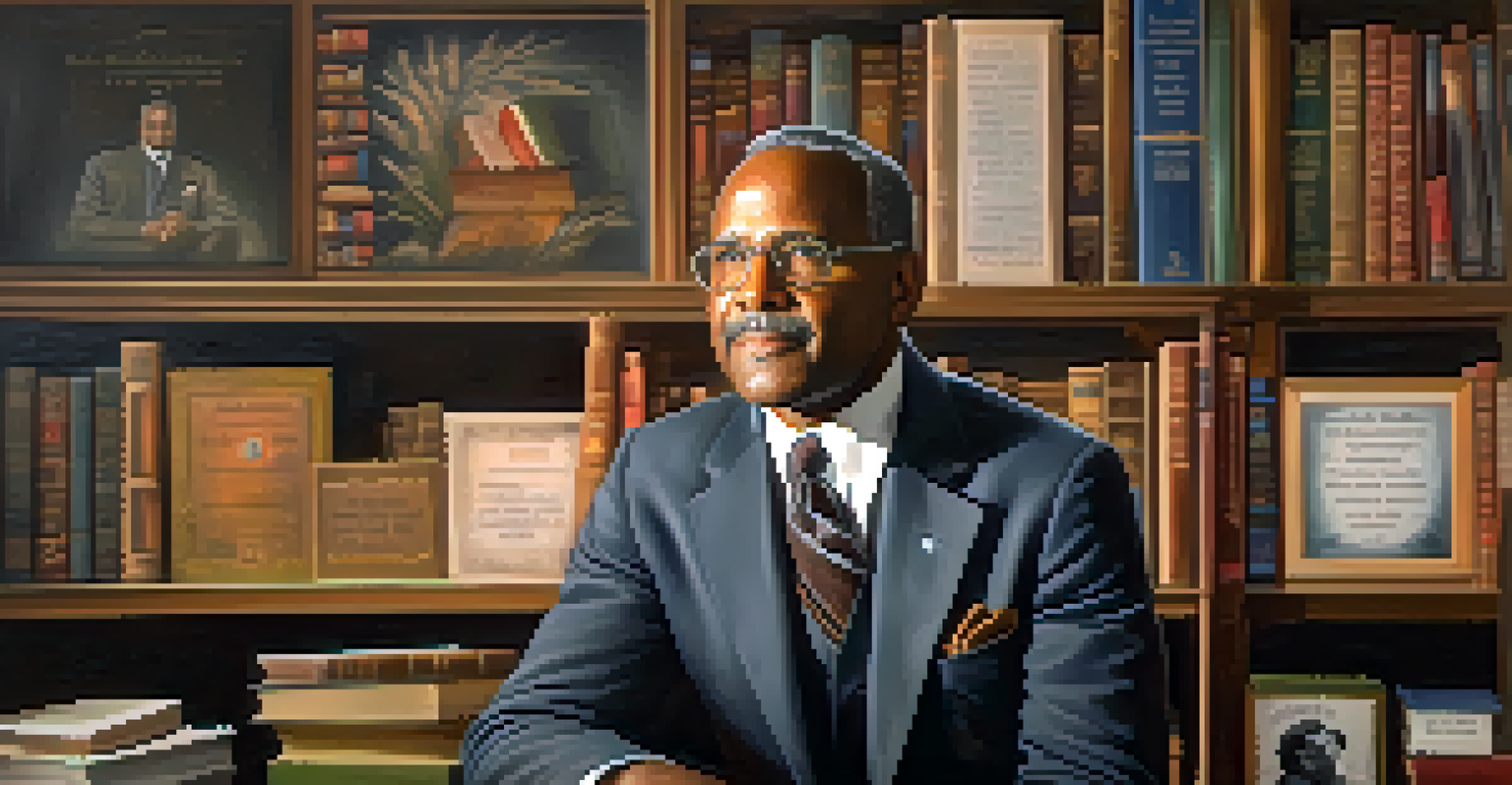 A thoughtful portrait of Dr. William A. James, surrounded by books and a chalkboard with inspiring educational quotes.