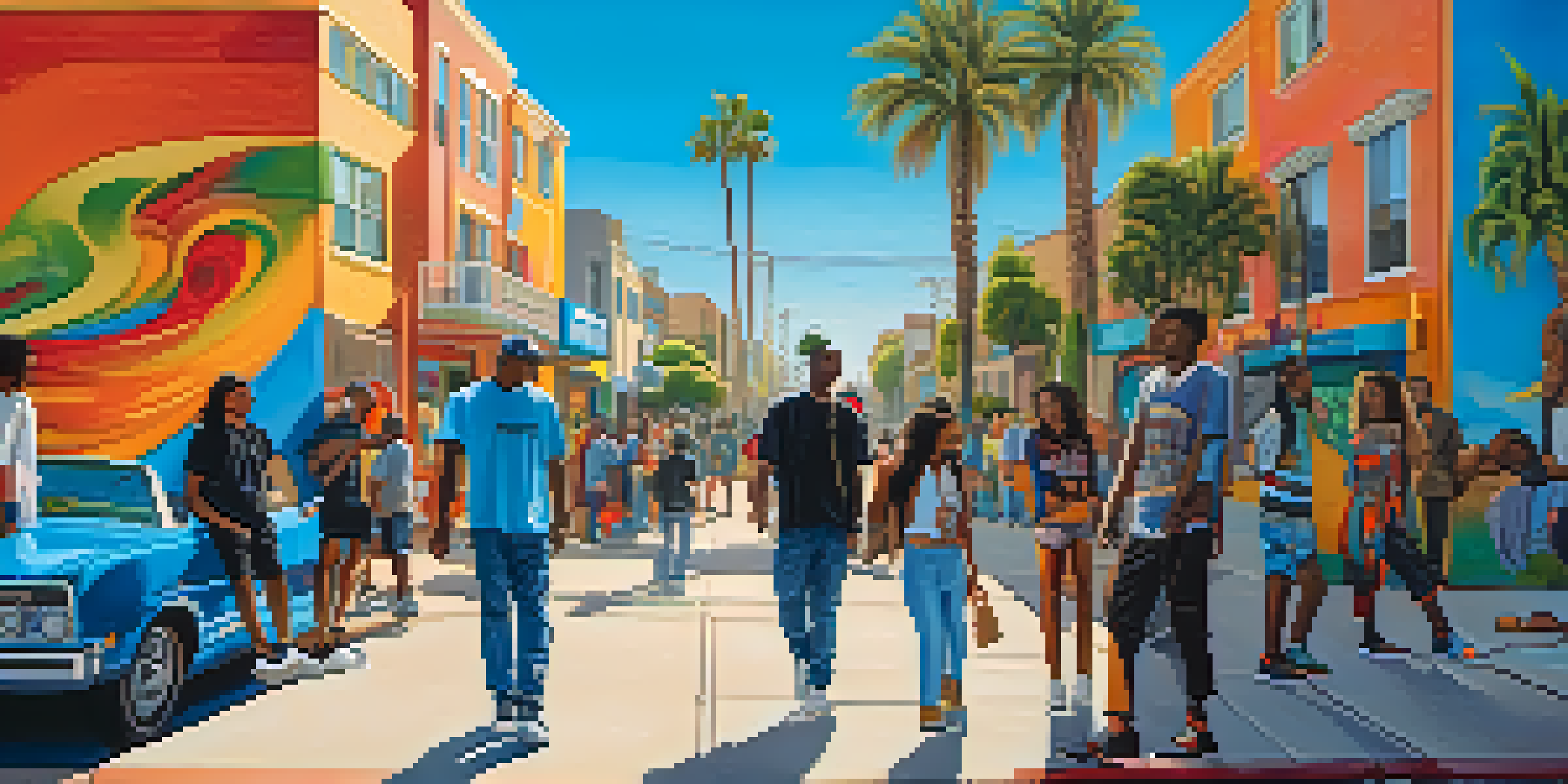 A lively street scene in Compton with a mural, diverse youth in trendy outfits, and palm trees under a blue sky.