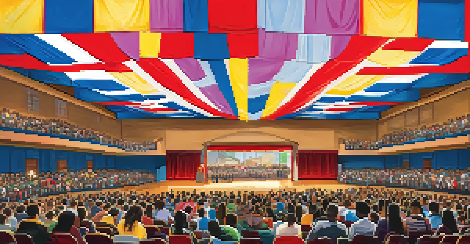 The auditorium of Compton High School during a cultural event, with diverse attendees and colorful decorations.