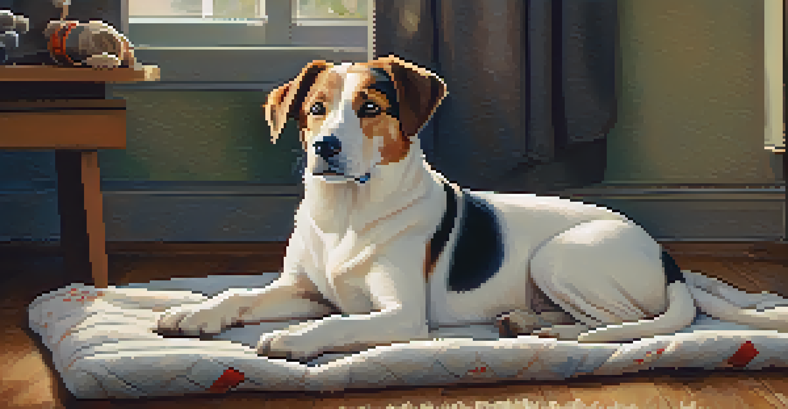 A calm dog resting on a blanket at home after spay or neuter surgery, showing a small bandage on its abdomen.