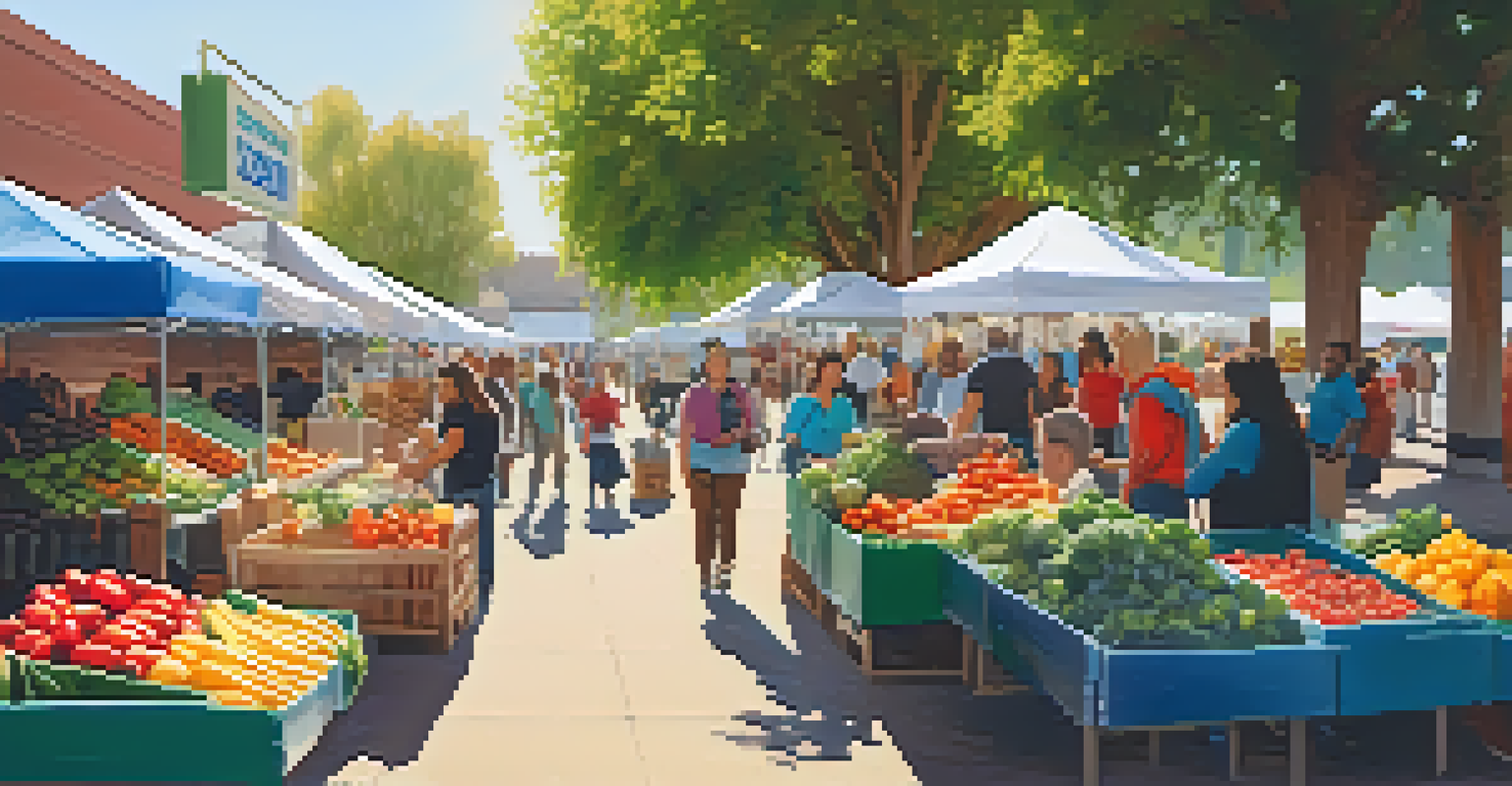 A vibrant farmers' market in Compton with stalls of fresh produce and crafts, bustling with community members enjoying the day.