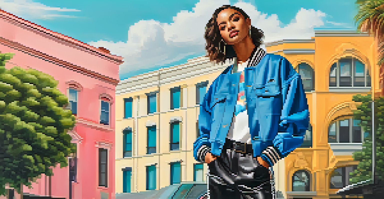 A fashionable influencer from Compton showcasing a unique streetwear and vintage outfit in an urban setting.