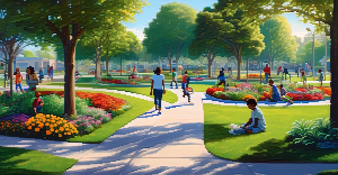 A lively park in Compton with families, children playing, and a community garden under a clear blue sky.