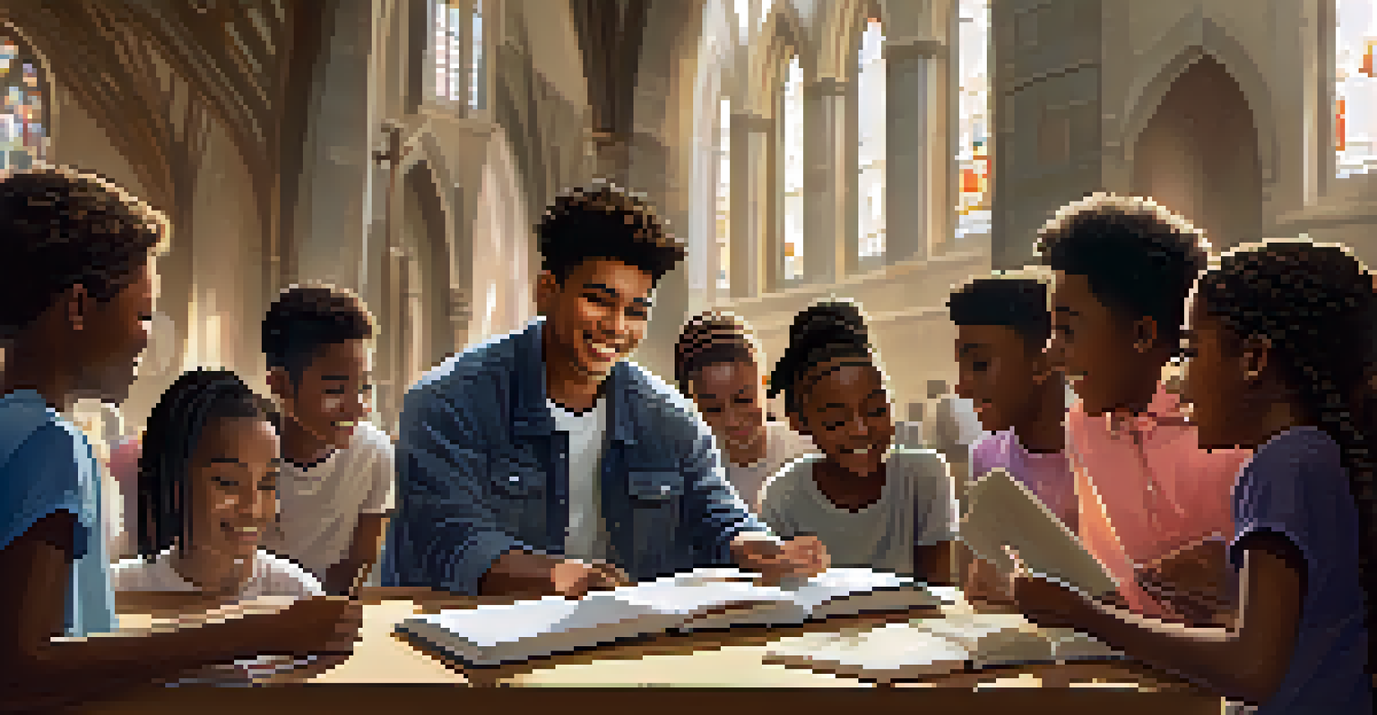 A mentor interacting with a group of young people in a church, surrounded by educational materials and bright natural light.