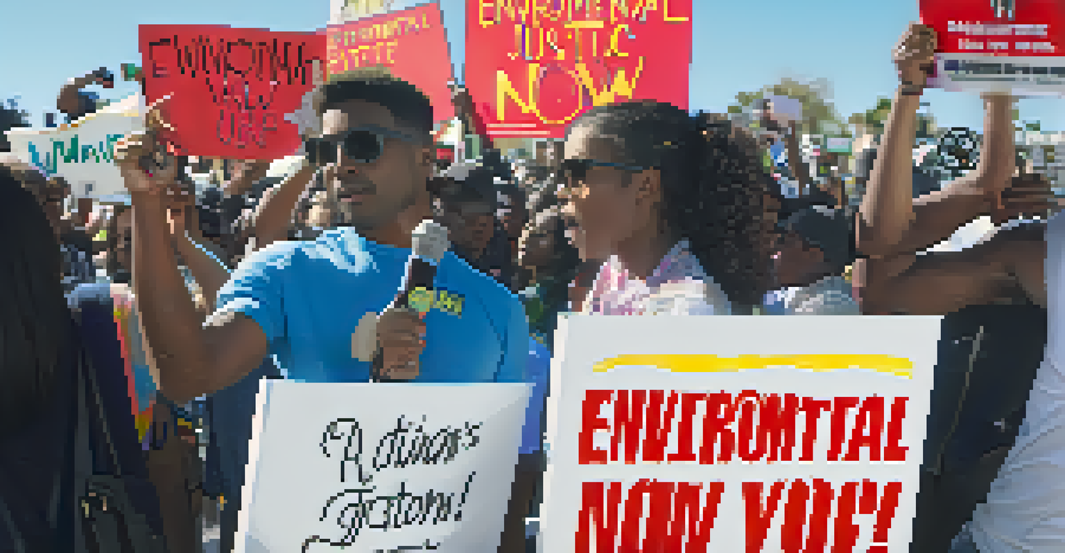 A resident holding a sign for environmental justice at a rally, with a determined expression.