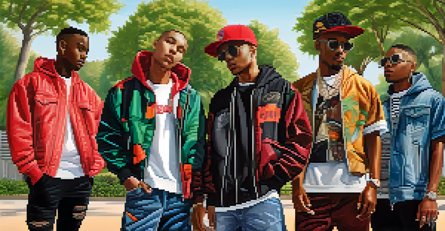 A group of friends in a park in Compton, each wearing distinct streetwear styles, surrounded by greenery and urban features.