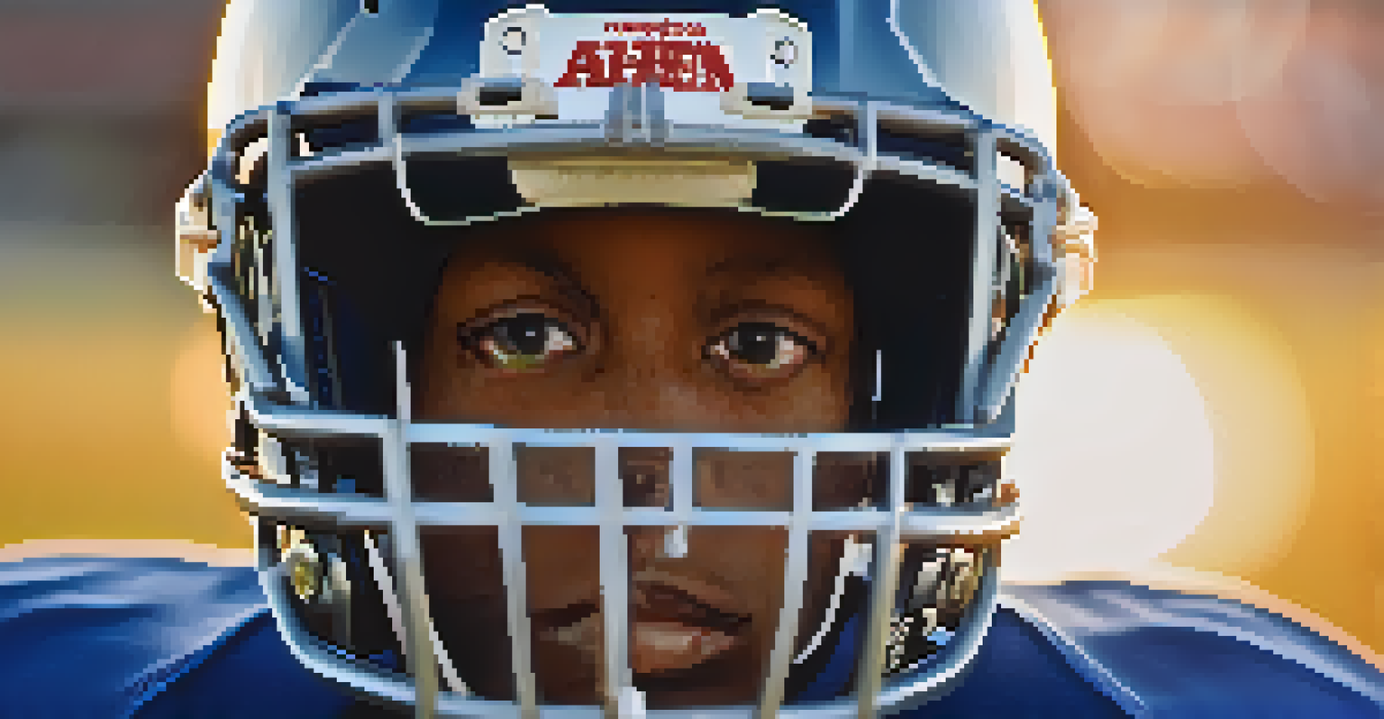 A young football player from Compton in a helmet and jersey, looking determined on a football field.