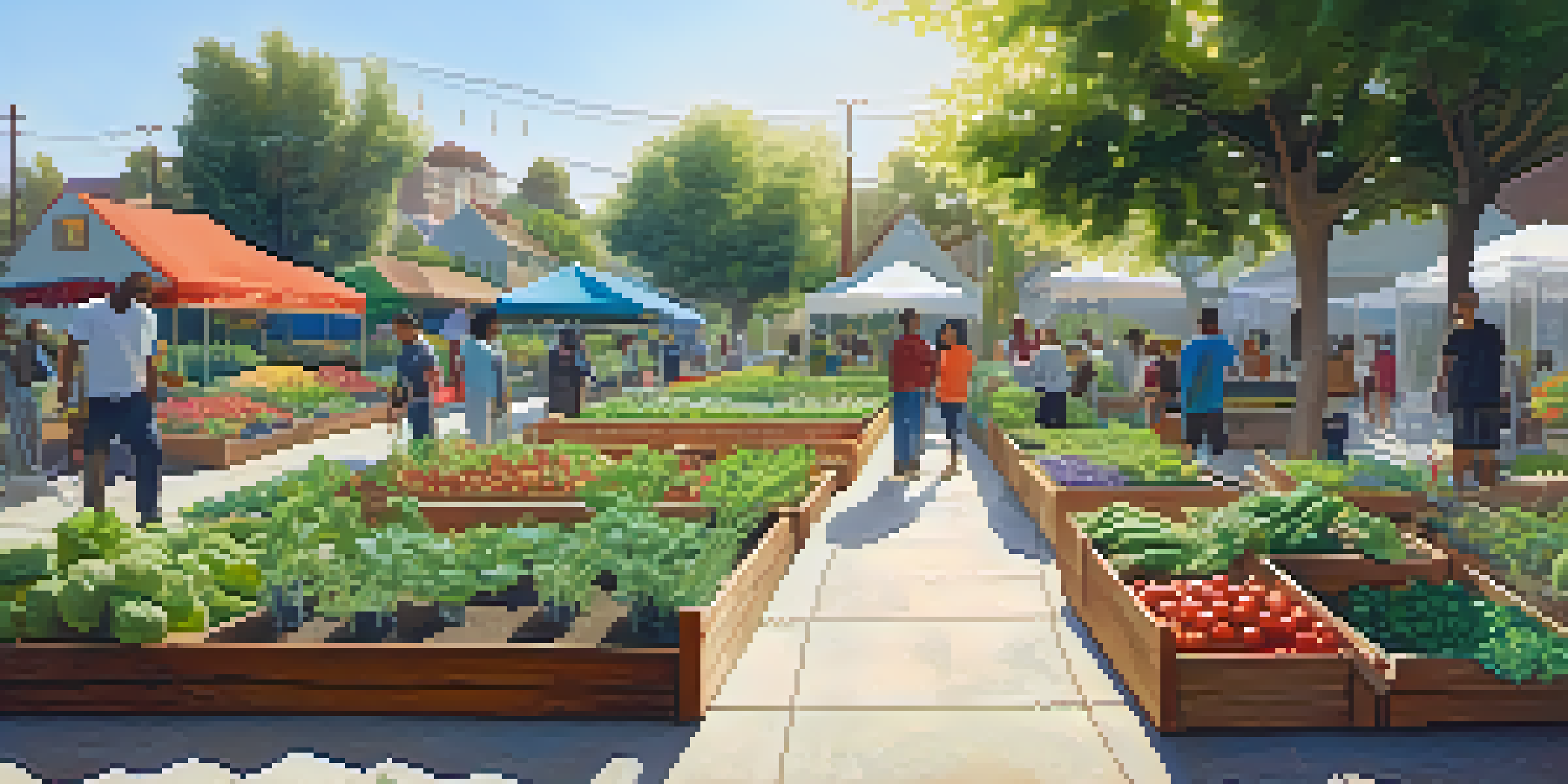 A lively community garden in Compton filled with people of different backgrounds gardening together, surrounded by colorful plants and flowers under sunlight.