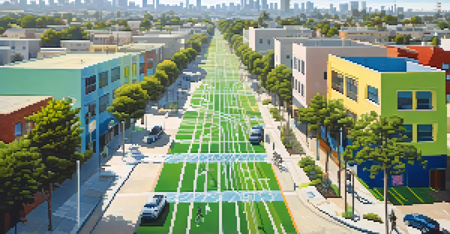 An aerial view of Compton showing bike lanes, cyclists, and vibrant street art amidst green spaces.