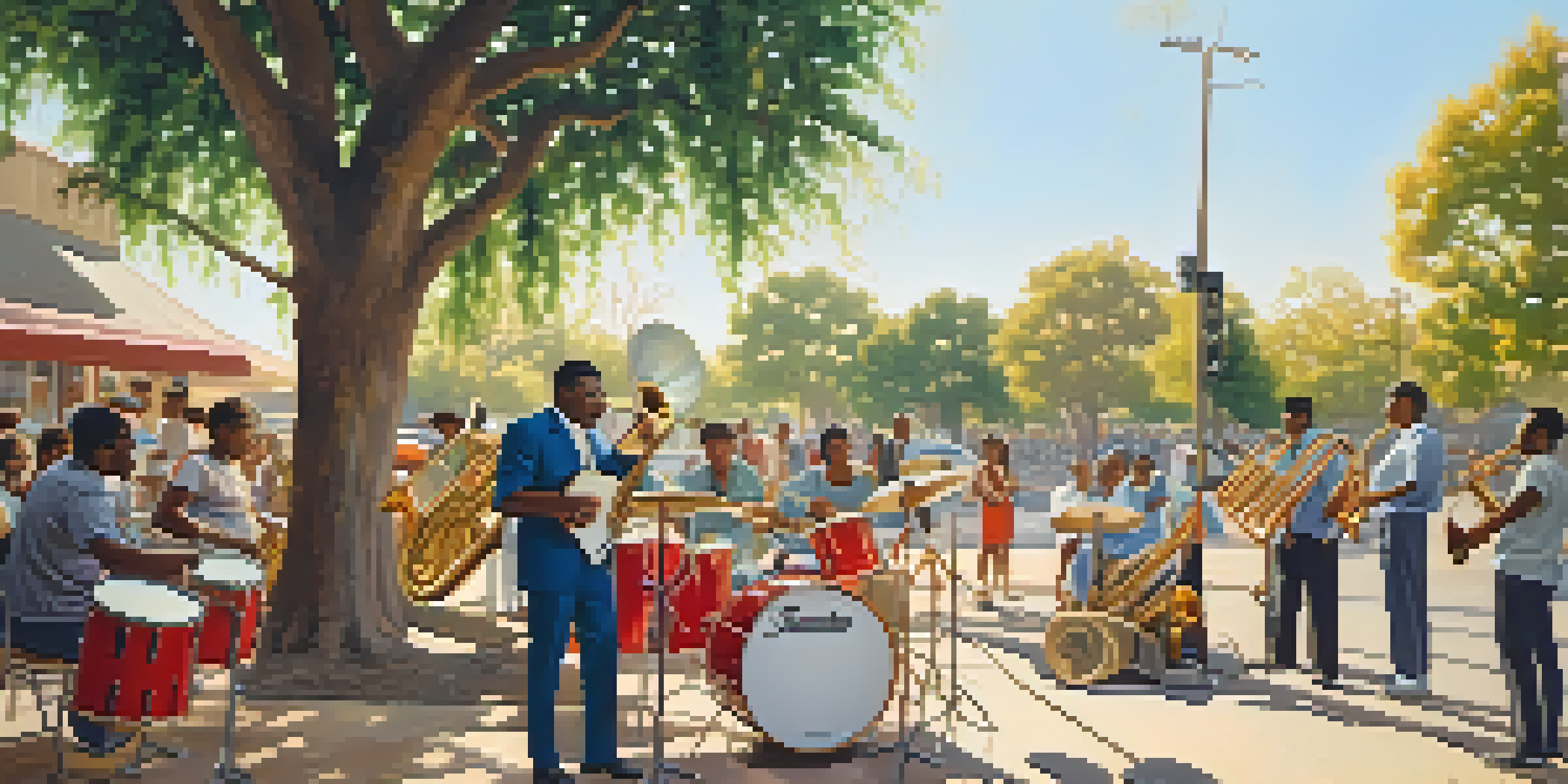 A colorful street performance in Compton, showcasing musicians and an engaged audience in a park under warm sunlight.